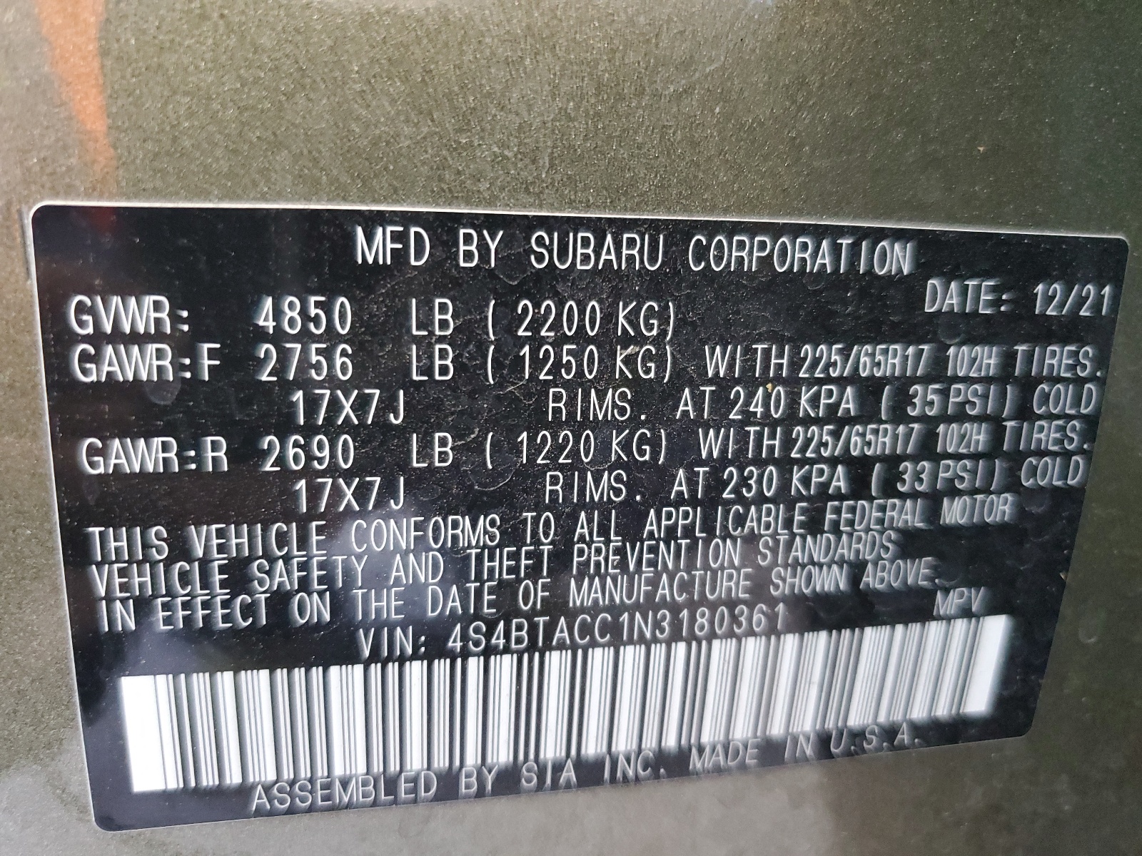 4S4BTACC1N3180361 2022 Subaru Outback Premium