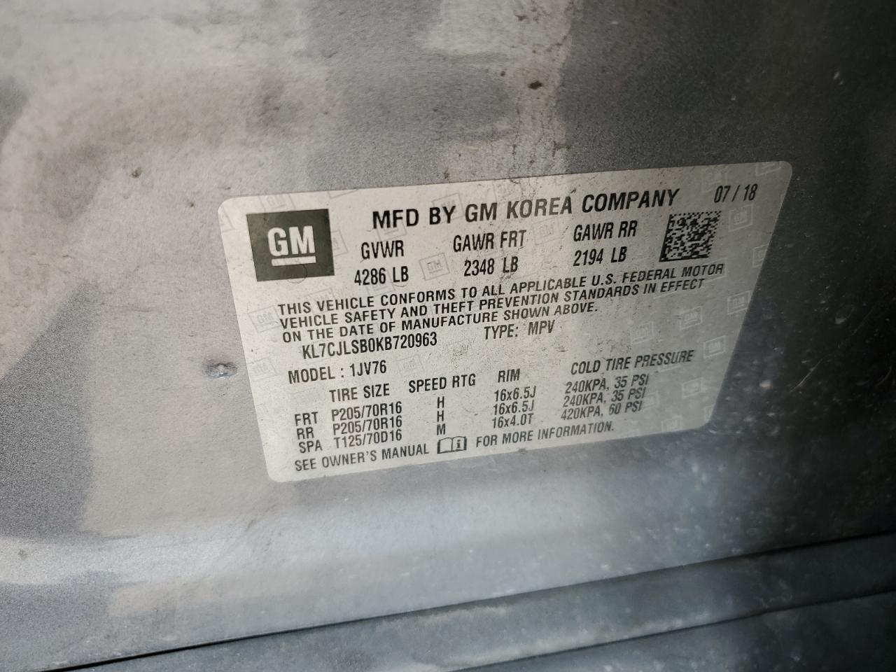 2019 Chevrolet Trax 1Lt VIN: KL7CJLSB0KB720963 Lot: 64038084