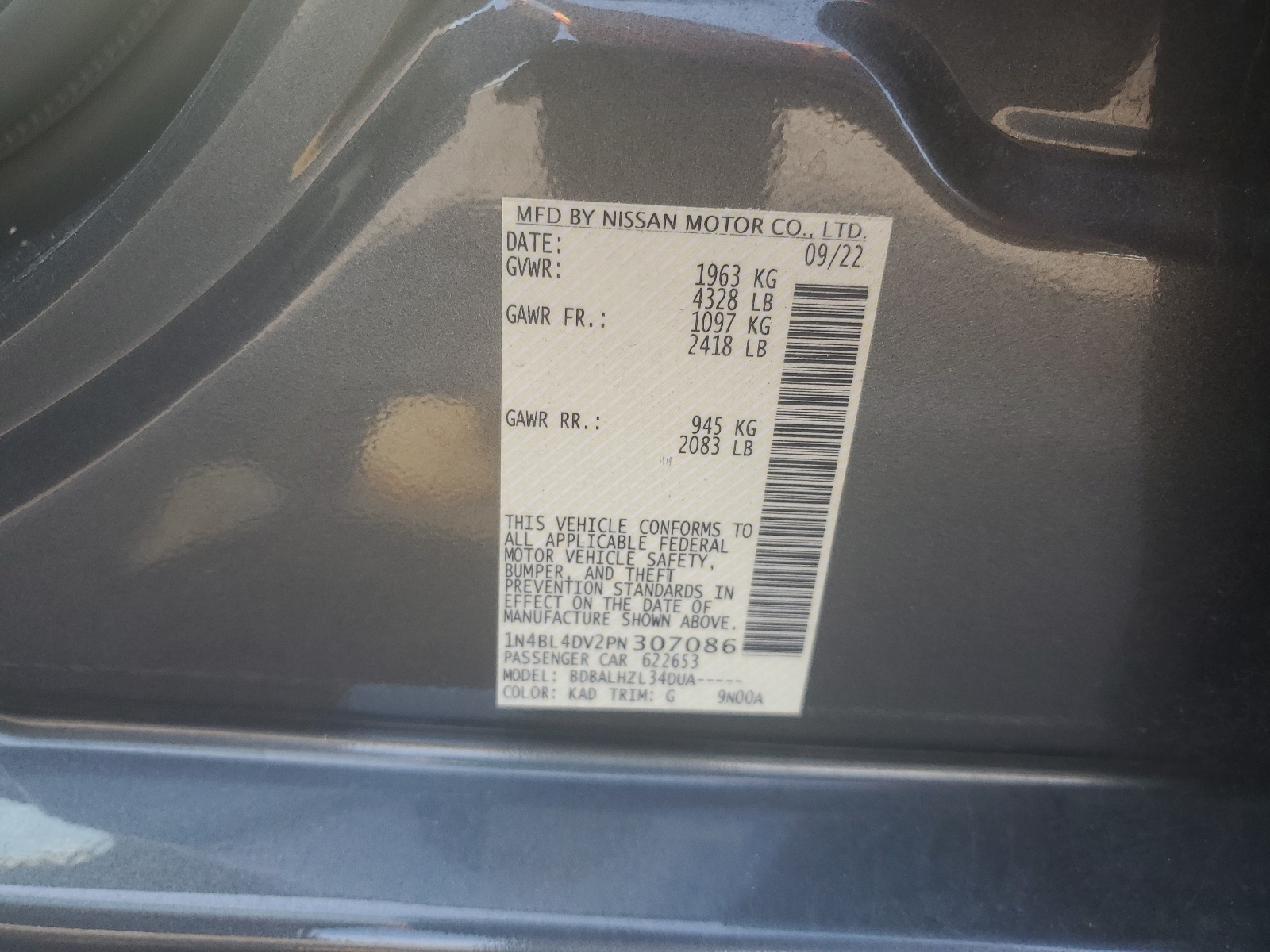 2023 Nissan Altima Sv vin: 1N4BL4DV2PN307086