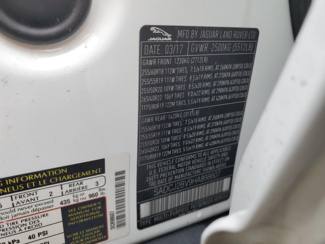 2017 Jaguar F-Pace Premium VIN: SADCJ2BV9HA898607 Lot: 63192924