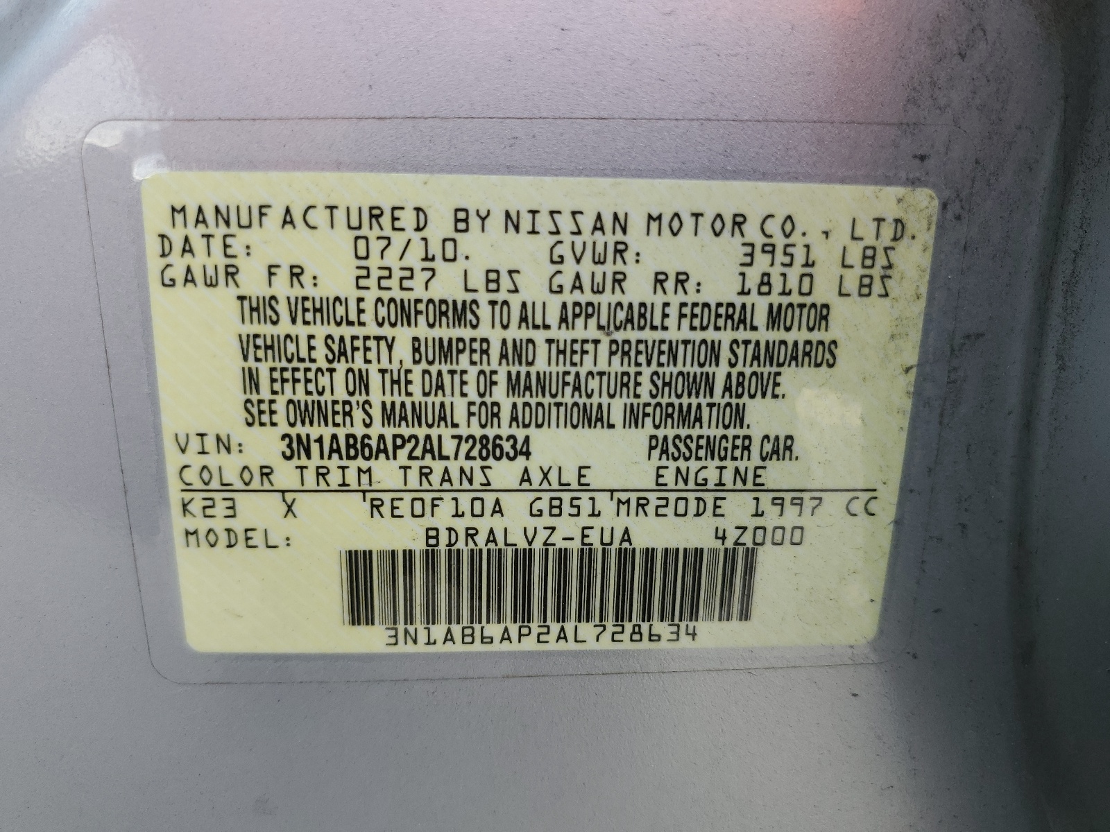 3N1AB6AP2AL728634 2010 Nissan Sentra 2.0