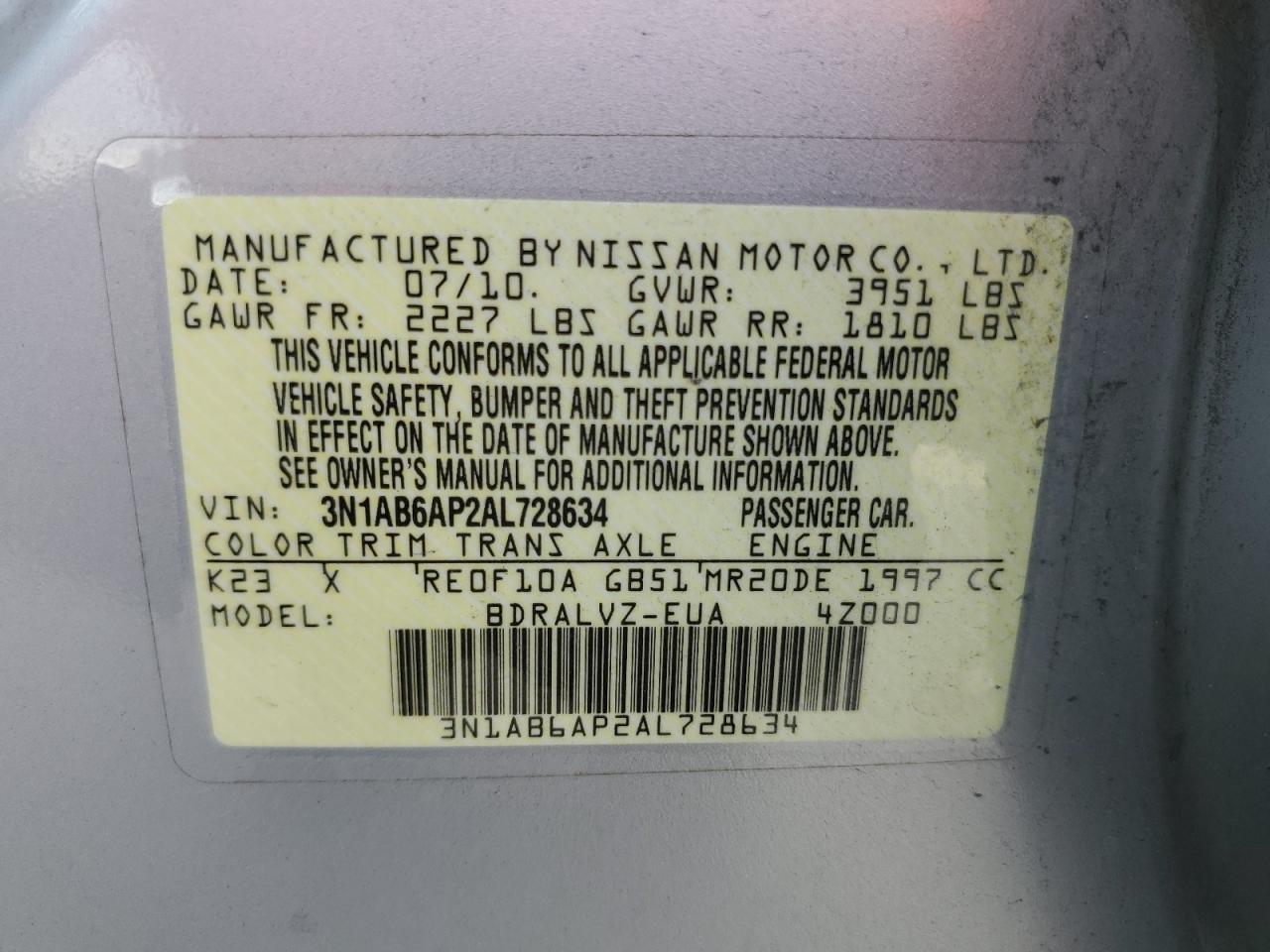 2010 Nissan Sentra 2.0 VIN: 3N1AB6AP2AL728634 Lot: 64679684