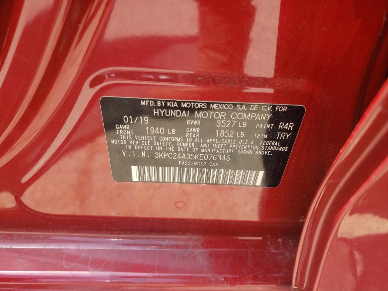 2019 Hyundai Accent Se VIN: 3KPC24A35KE076346 Lot: 63228514