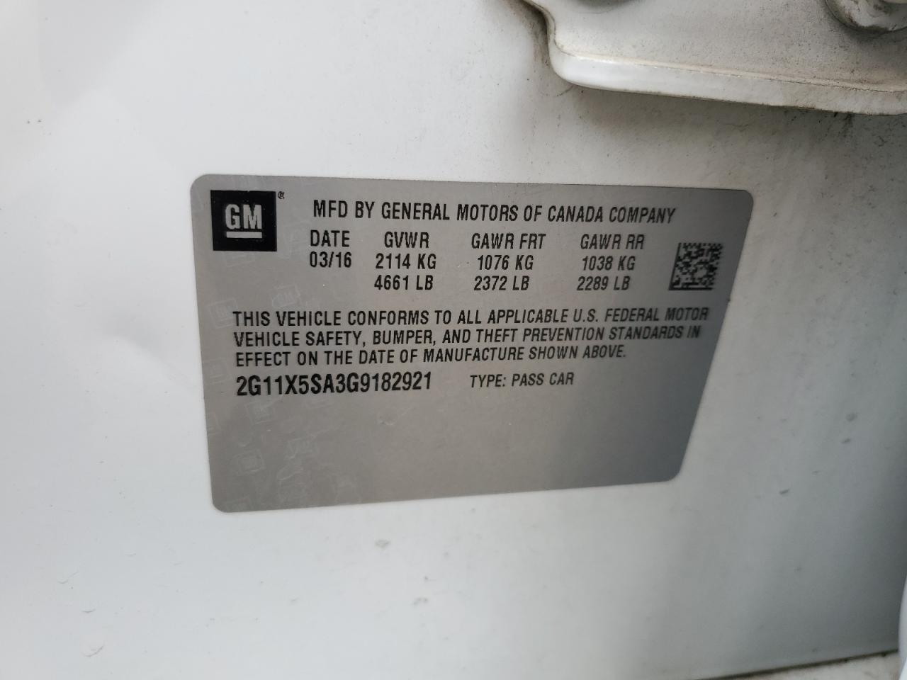 2016 Chevrolet Impala Ls VIN: 2G11X5SA3G9182921 Lot: 61426794