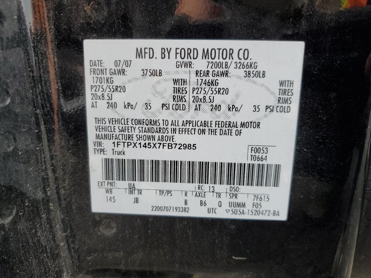 2007 Ford F150 VIN: 1FTPX145X7FB72985 Lot: 64101614