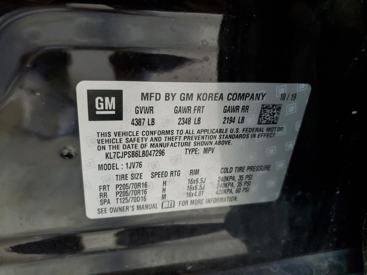 2020 Chevrolet Trax 1Lt VIN: KL7CJPSB6LB047296 Lot: 64241054