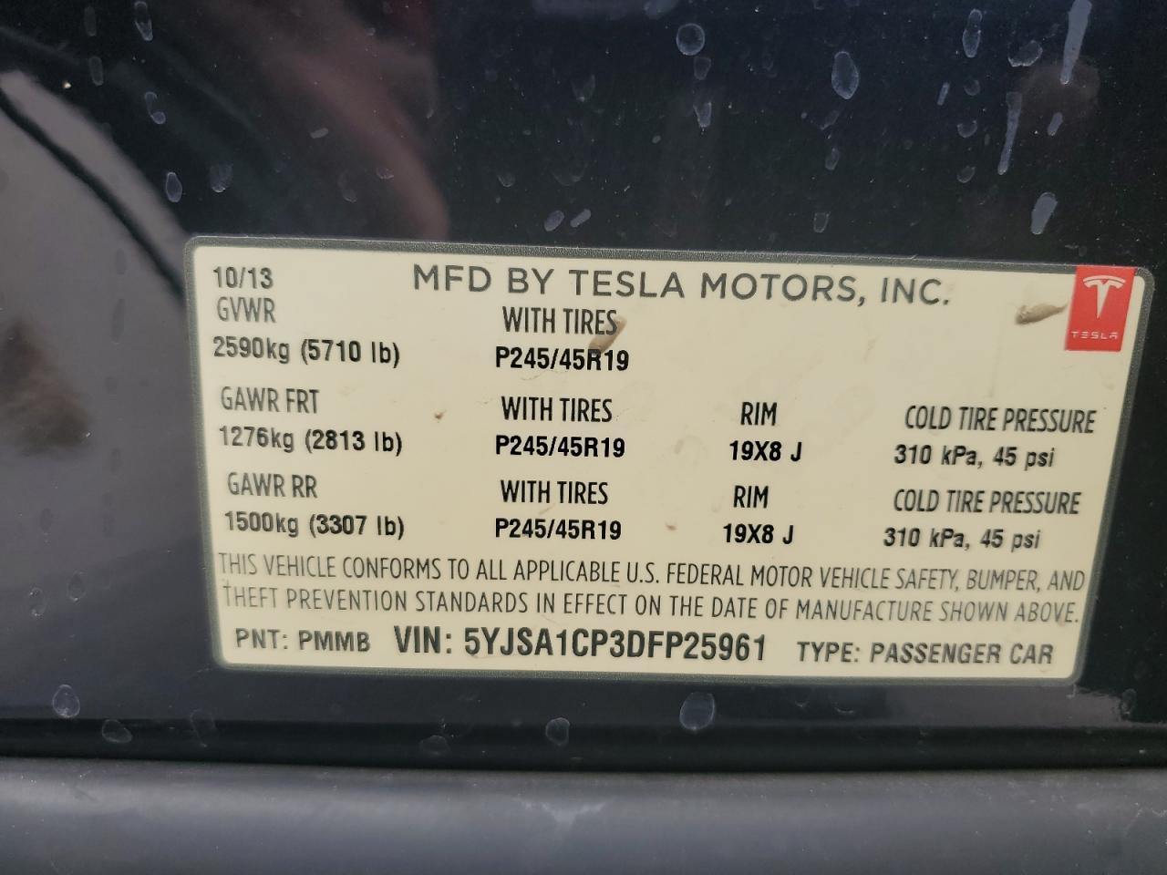 2013 Tesla Model S VIN: 5YJSA1CP3DFP25961 Lot: 62638624