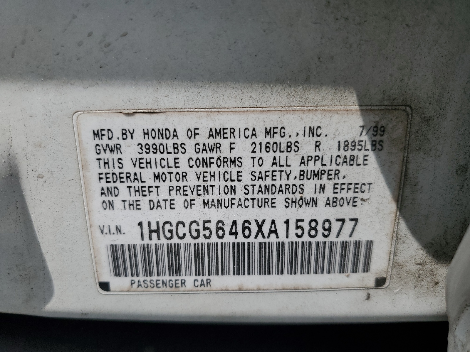 1HGCG5646XA158977 1999 Honda Accord Lx