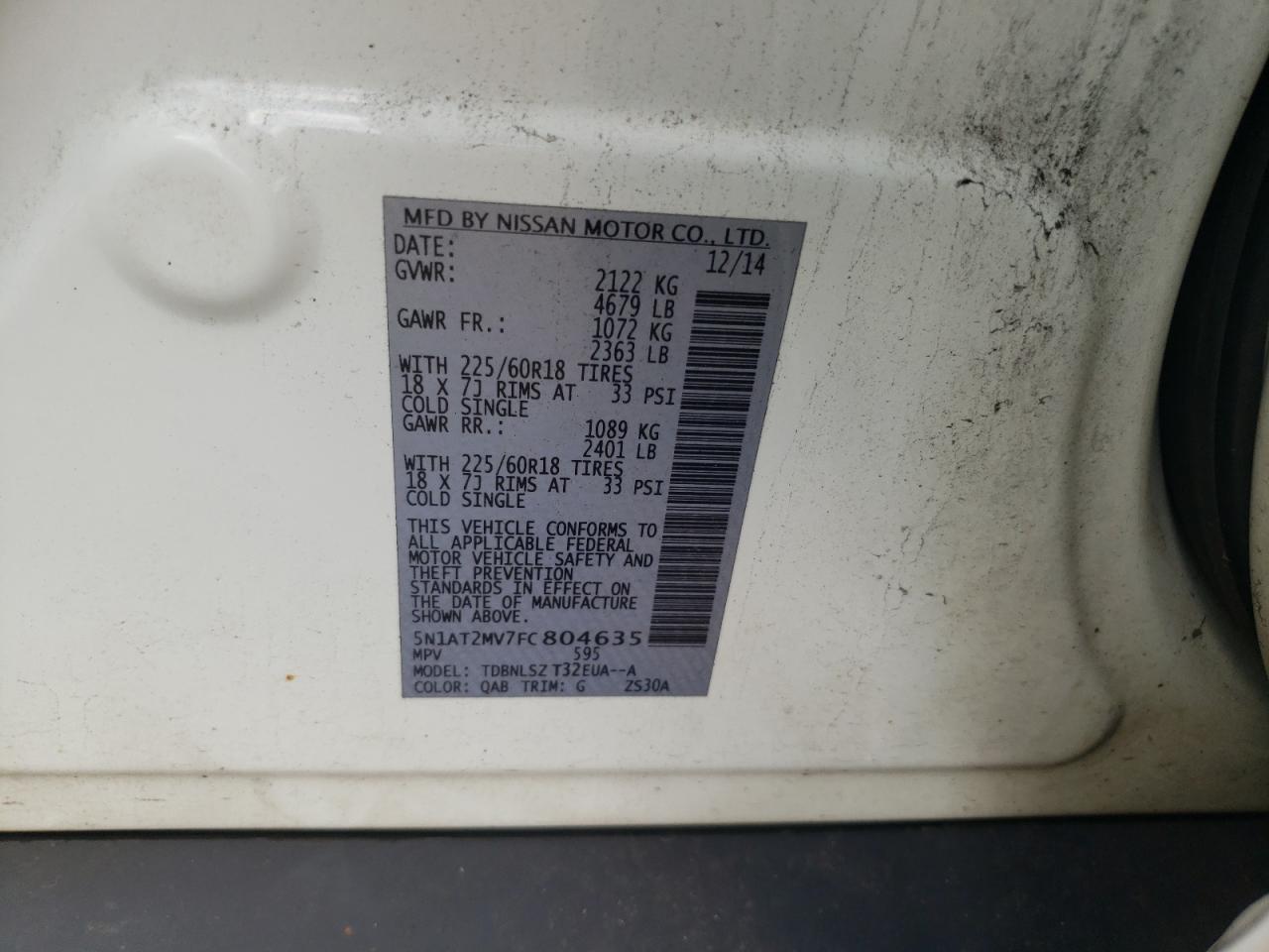 2015 Nissan Rogue S VIN: 5N1AT2MV7FC804635 Lot: 64480464