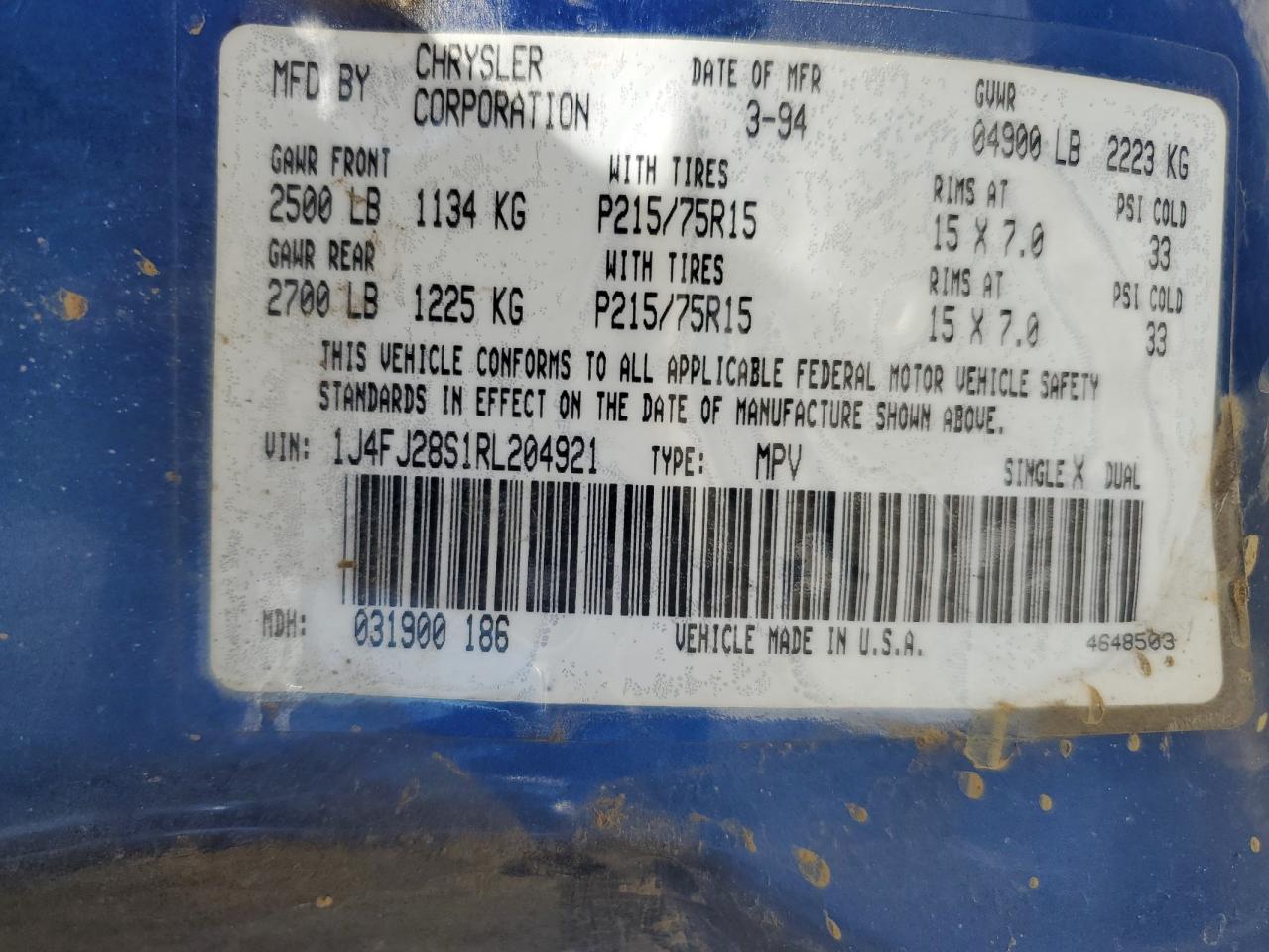 1994 Jeep Cherokee Se VIN: 1J4FJ28S1RL204921 Lot: 63243954