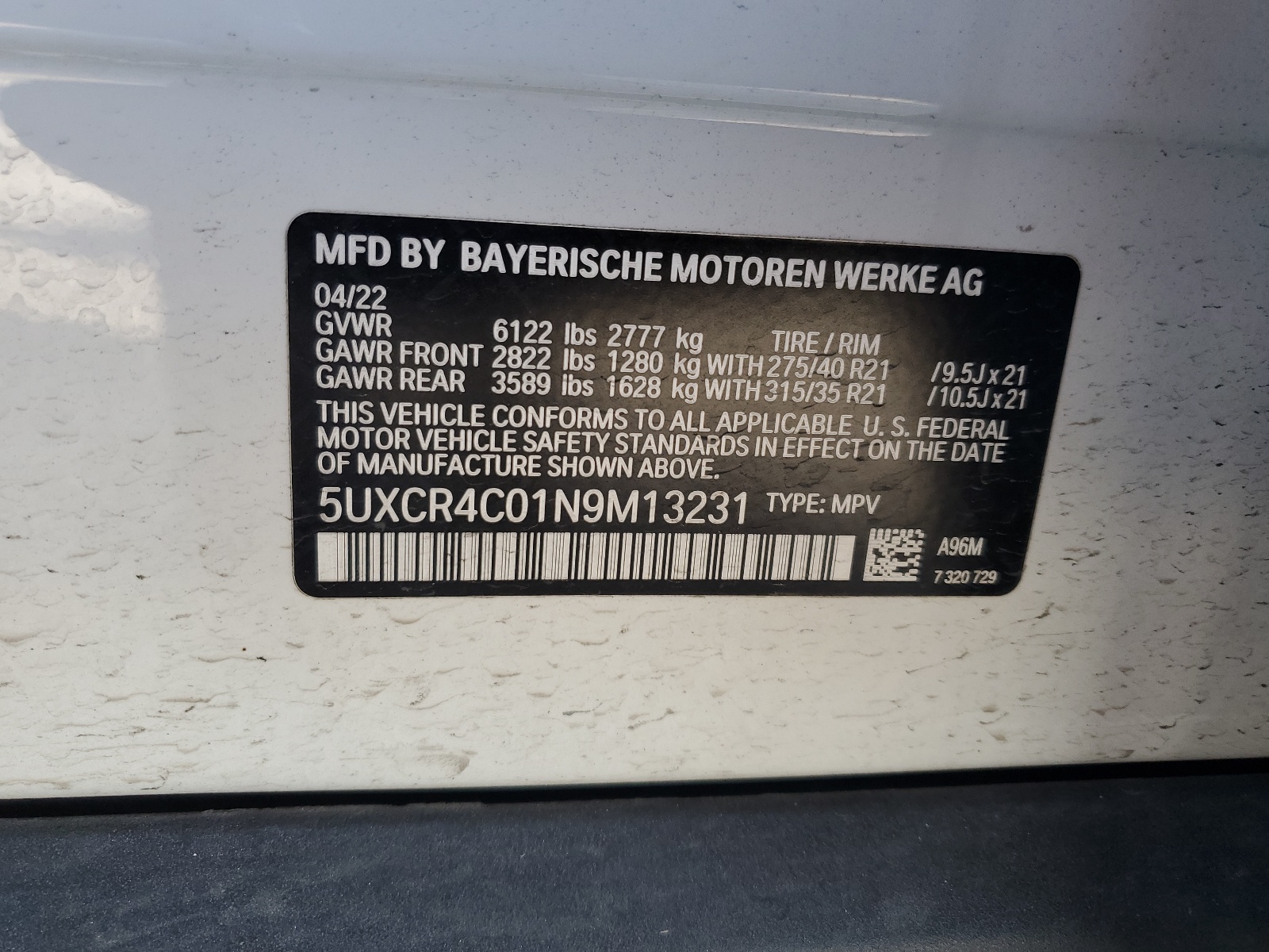 5UXCR4C01N9M13231 2022 BMW X5 Sdrive 40I