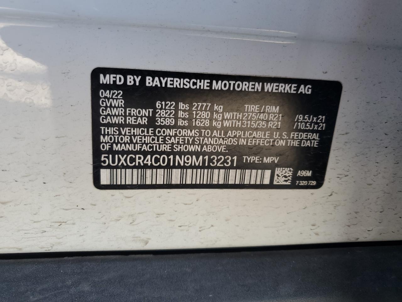 2022 BMW X5 Sdrive 40I VIN: 5UXCR4C01N9M13231 Lot: 61314304