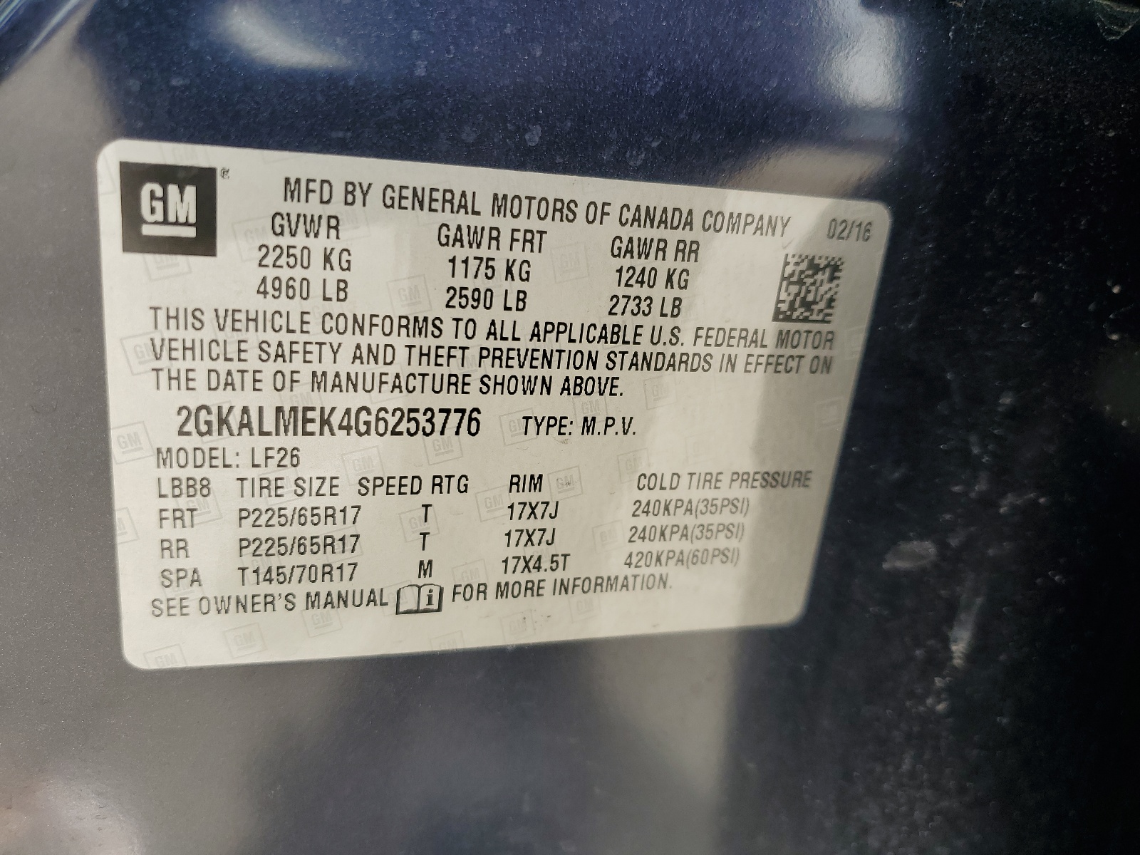 2GKALMEK4G6253776 2016 GMC Terrain Sle