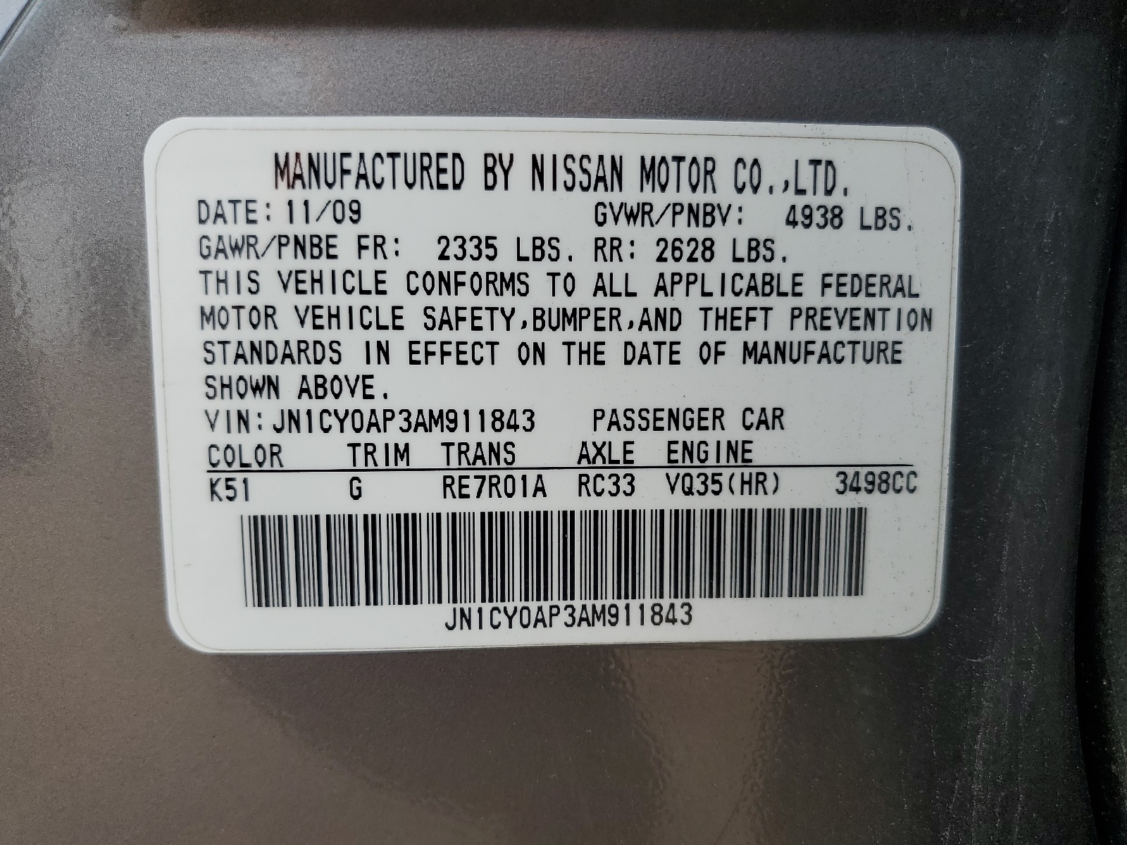 JN1CY0AP3AM911843 2010 Infiniti M35 Base