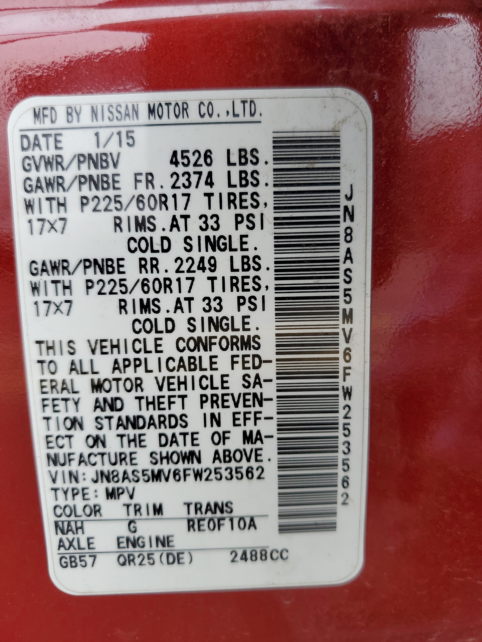 JN8AS5MV6FW253562 2015 Nissan Rogue Select S