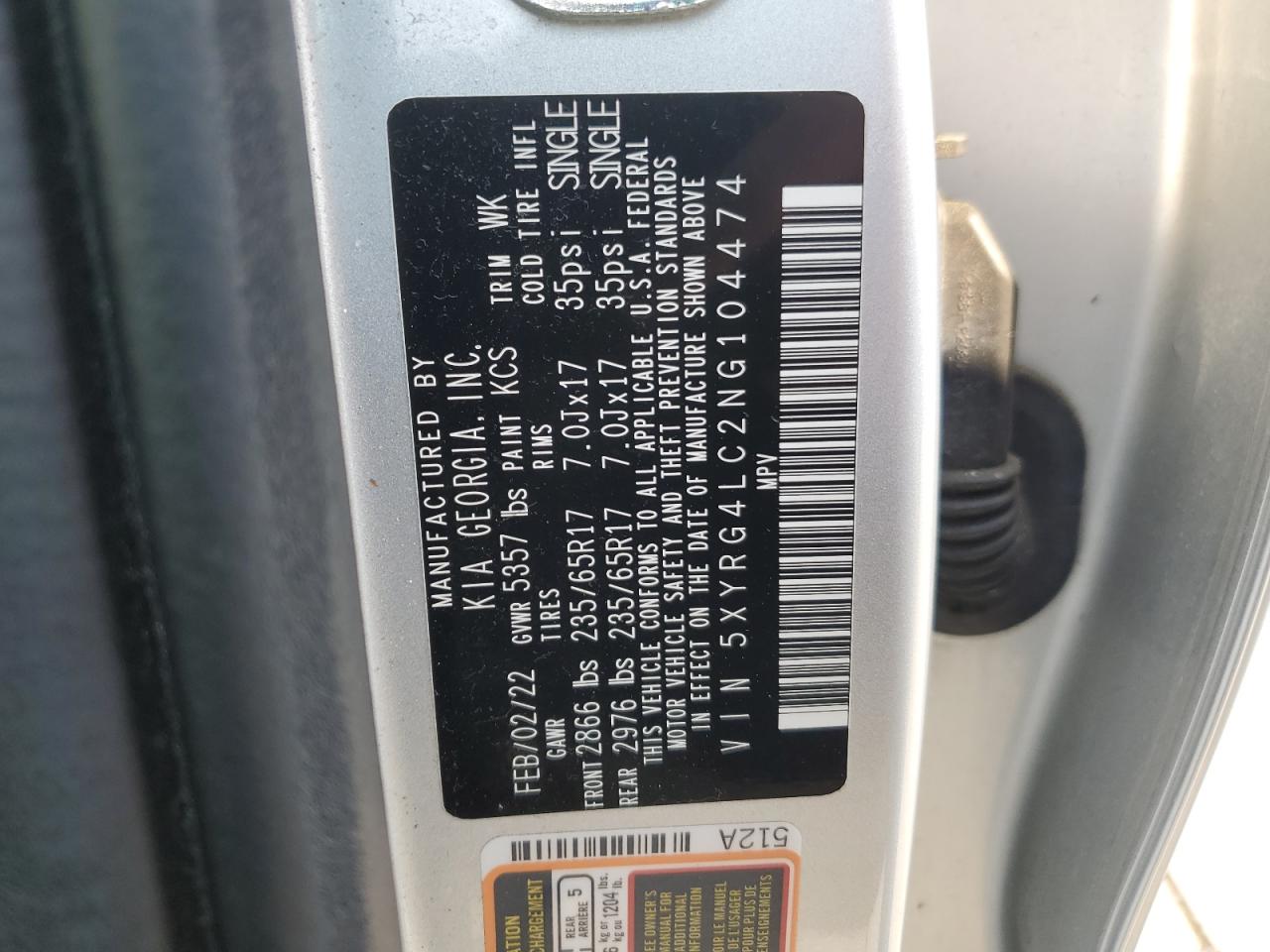 2022 Kia Sorento Lx VIN: 5XYRG4LC2NG104474 Lot: 65087294