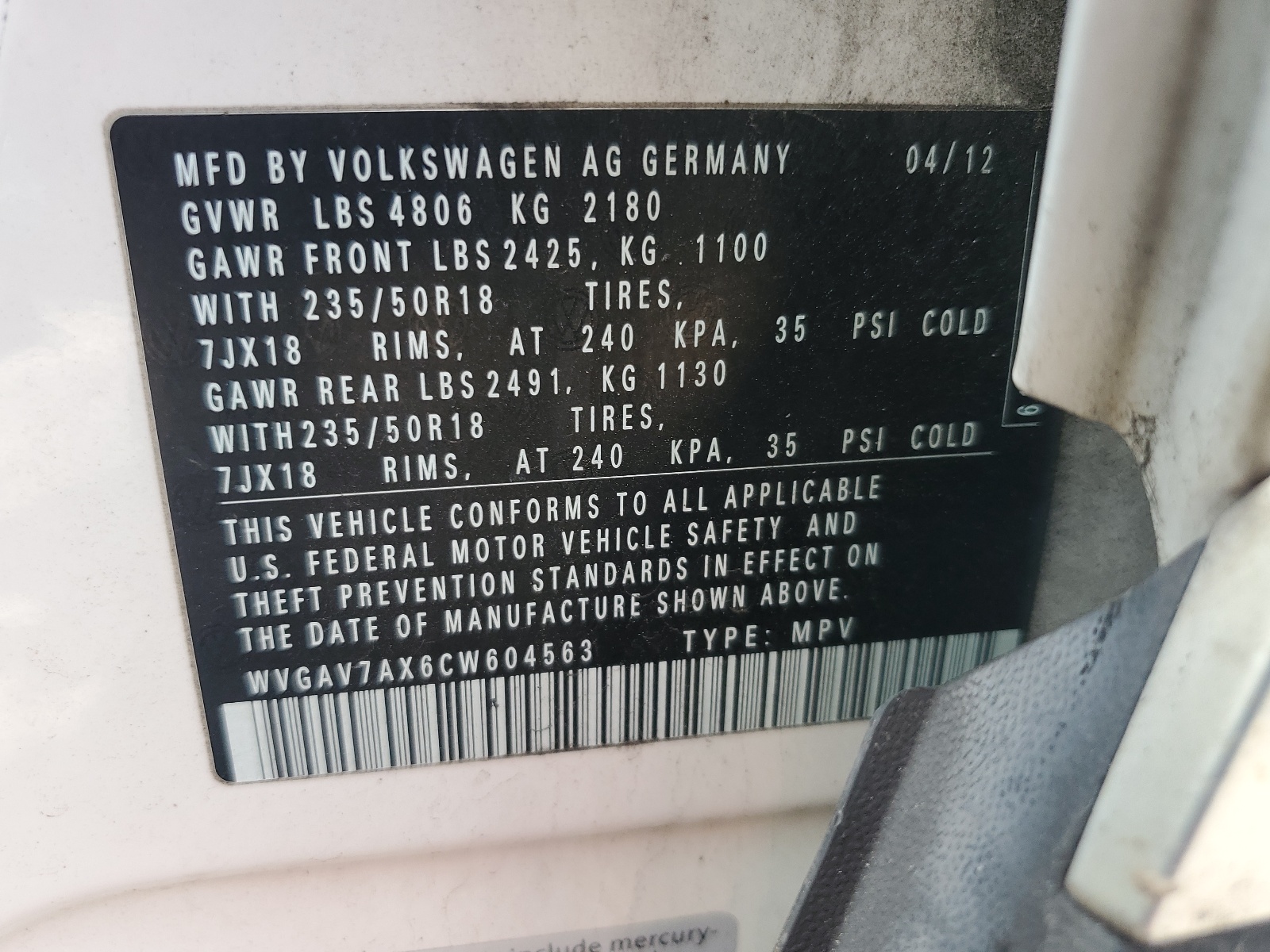 WVGAV7AX6CW604563 2012 Volkswagen Tiguan S