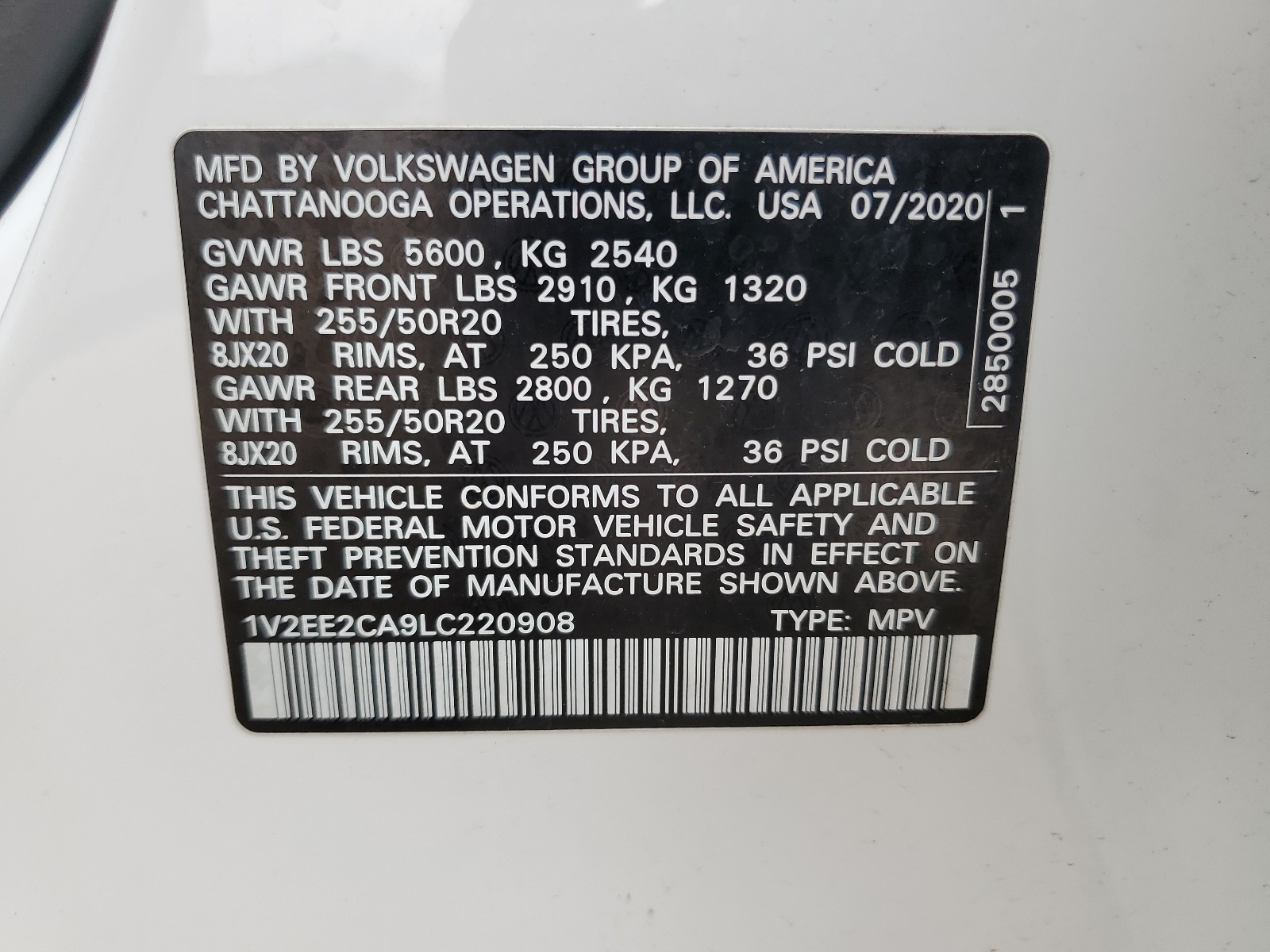 1V2EE2CA9LC220908 2020 Volkswagen Atlas Cross Sport Sel