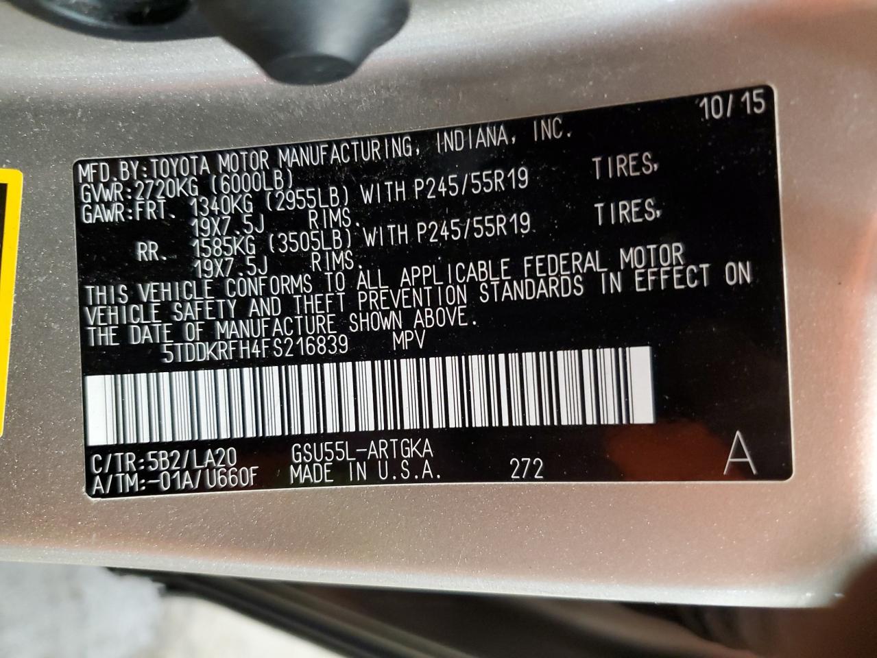 2015 Toyota Highlander Limited VIN: 5TDDKRFH4FS216839 Lot: 65346694