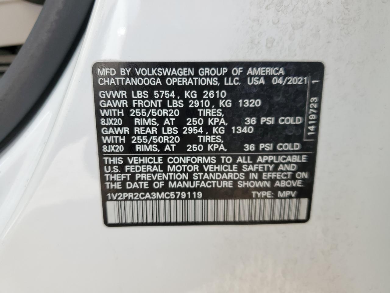 2021 Volkswagen Atlas Se VIN: 1V2PR2CA3MC579119 Lot: 65050464