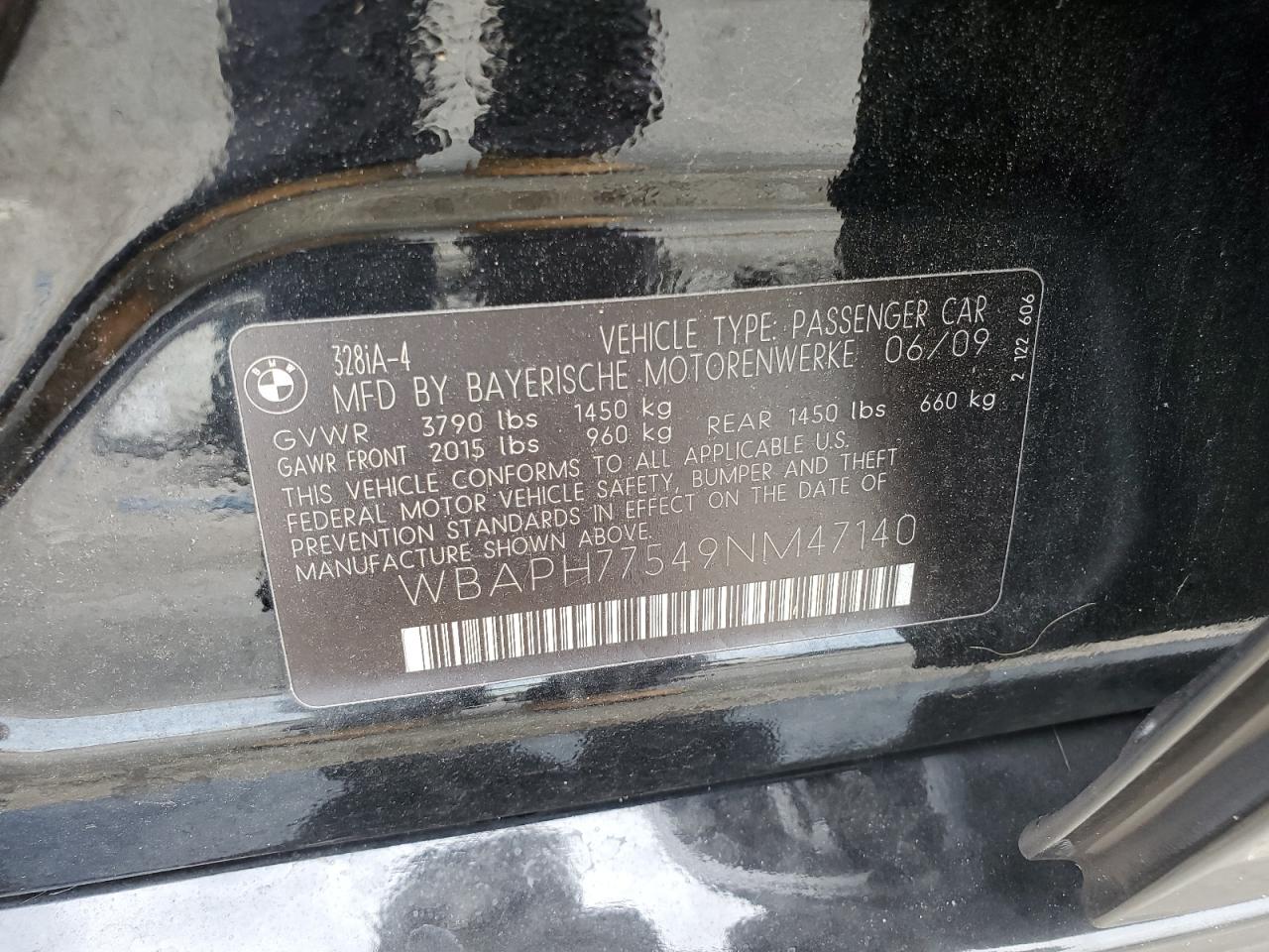 2009 BMW 328 I VIN: WBAPH77549NM47140 Lot: 65159414