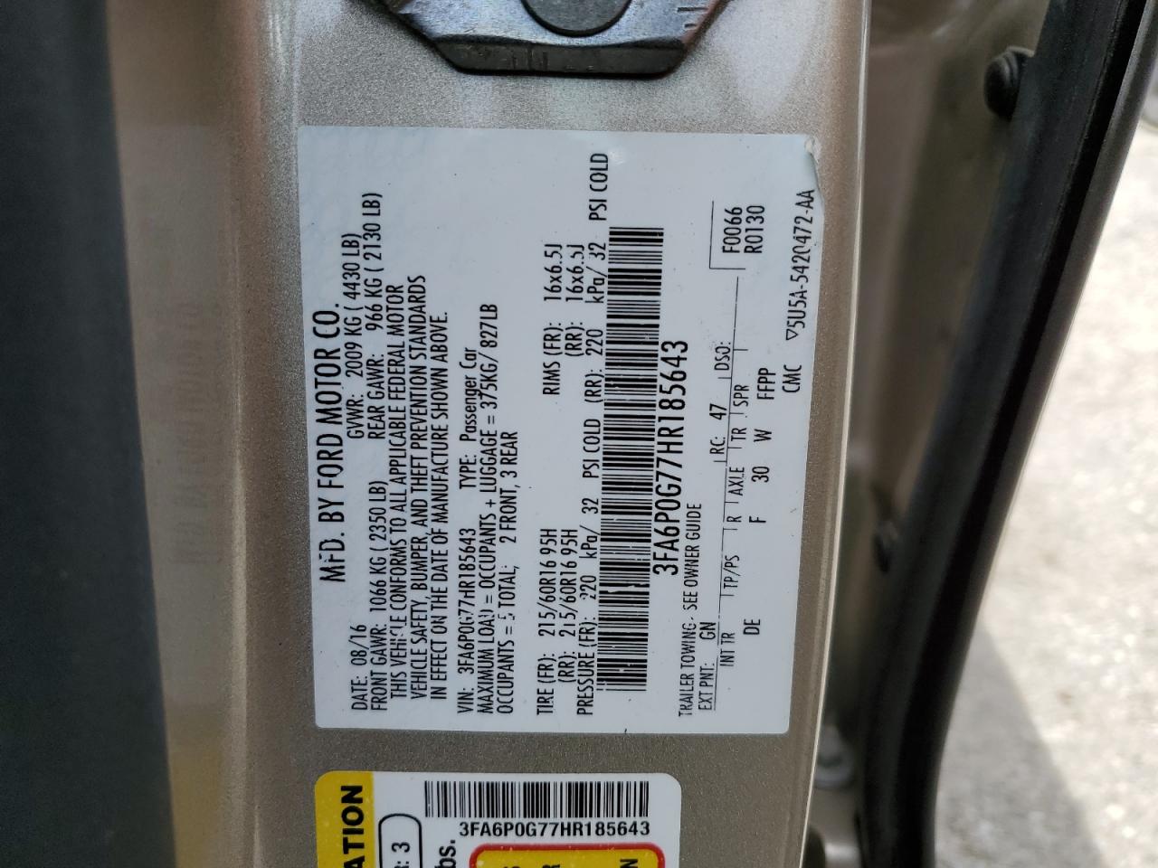 2017 Ford Fusion S VIN: 3FA6P0G77HR185643 Lot: 61291524