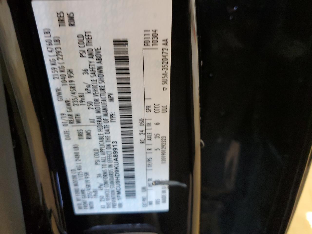 2019 Ford Escape Sel VIN: 1FMCU9HD9KUA89913 Lot: 65634134