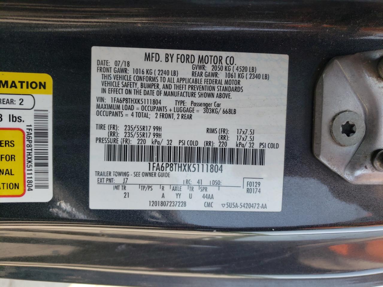 2019 Ford Mustang VIN: 1FA6P8THXK5111804 Lot: 64445104