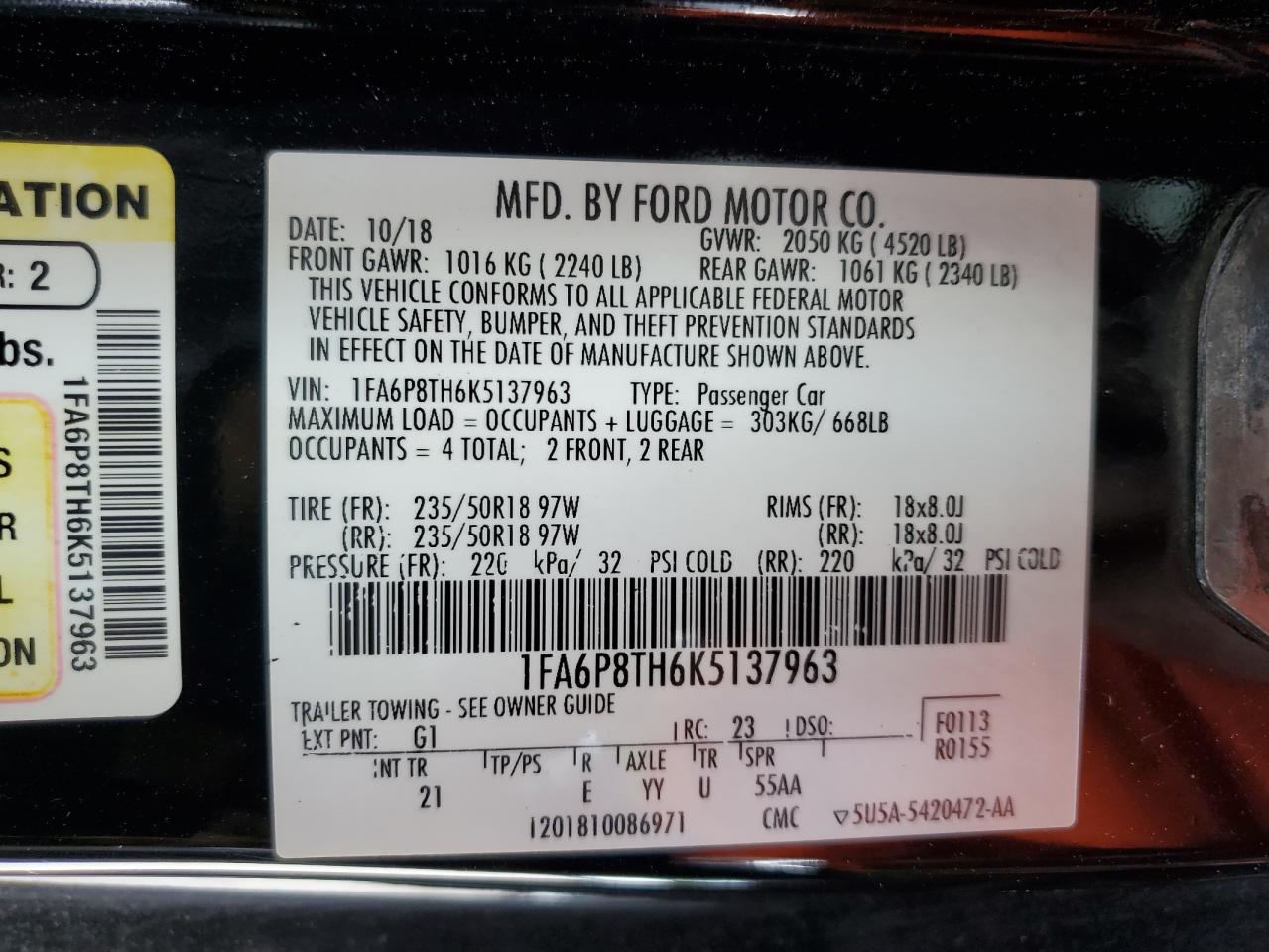 2019 Ford Mustang VIN: 1FA6P8TH6K5137963 Lot: 64706614