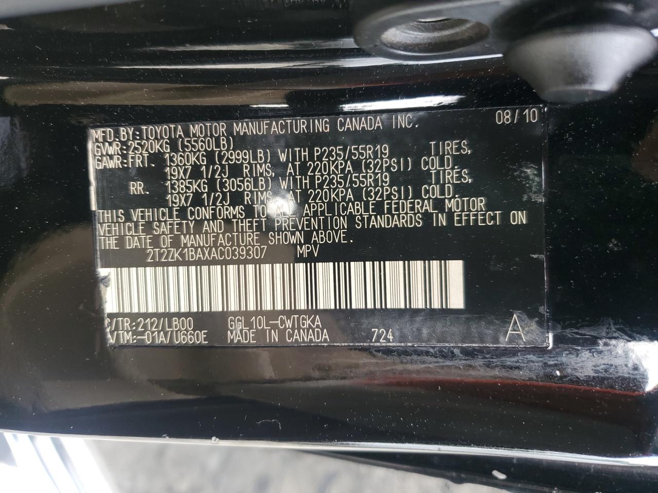 2010 Lexus Rx 350 VIN: 2T2ZK1BAXAC039307 Lot: 63707654