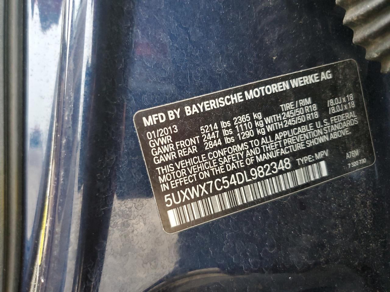 2013 BMW X3 xDrive35I VIN: 5UXWX7C54DL982348 Lot: 62361064