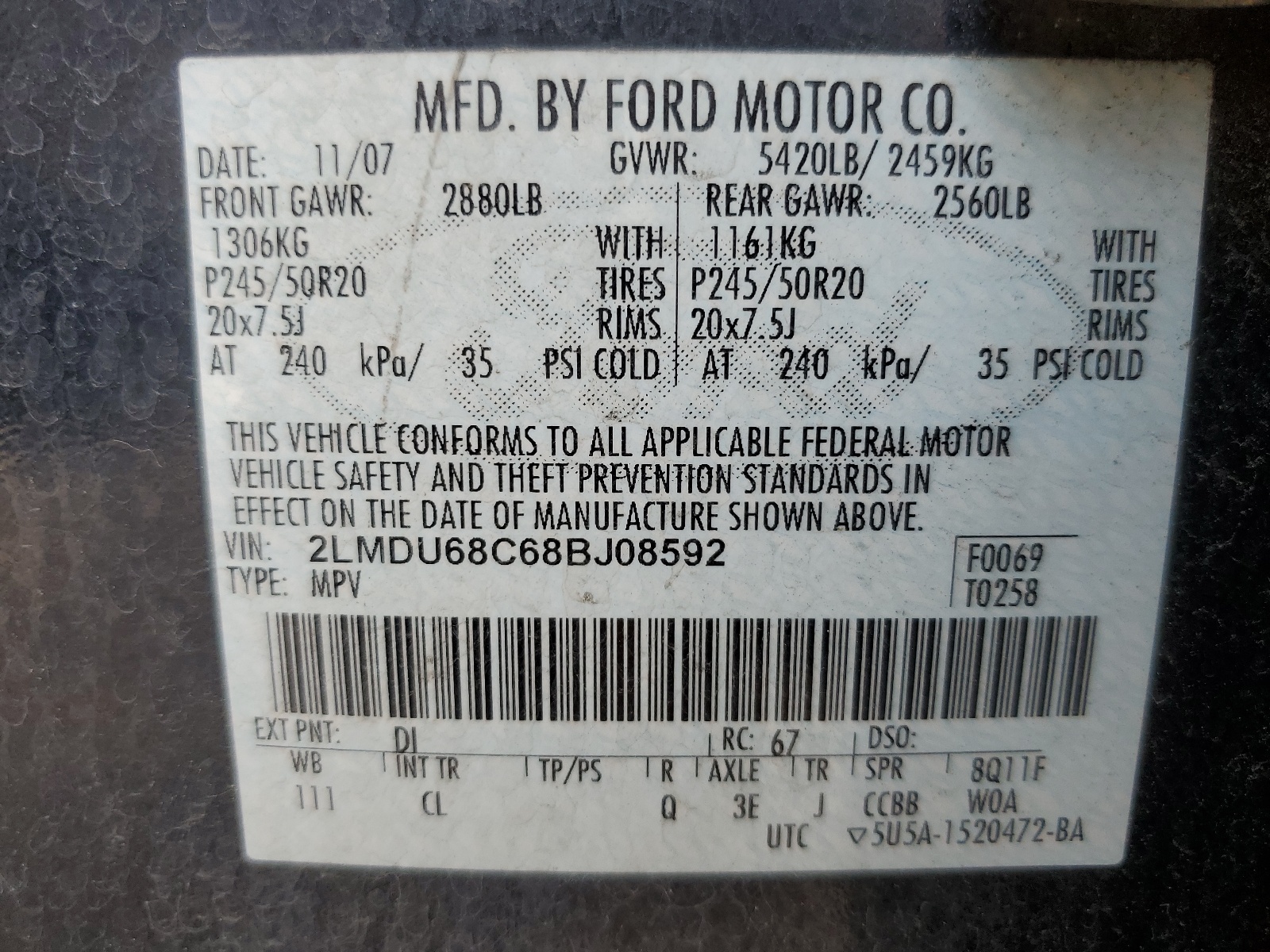 2LMDU68C68BJ08592 2008 Lincoln Mkx