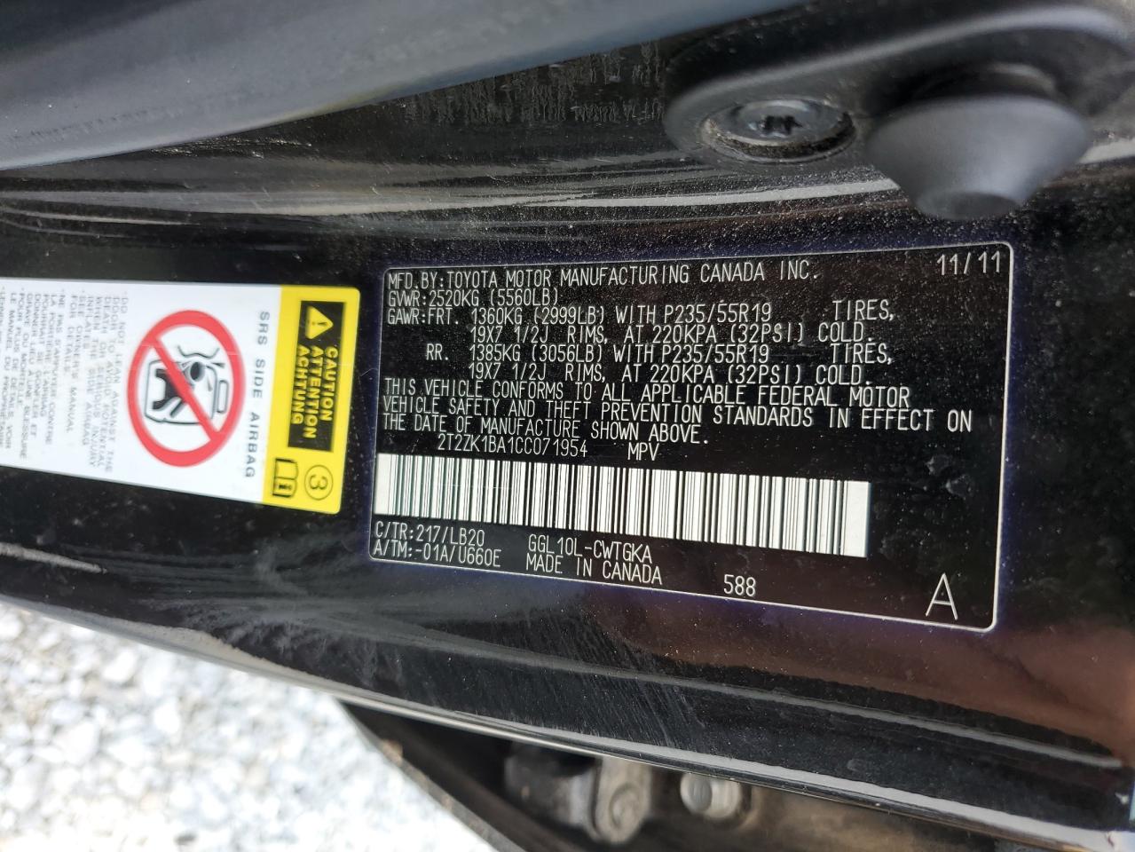 2012 Lexus Rx 350 VIN: 2T2ZK1BA1CC071954 Lot: 62875514