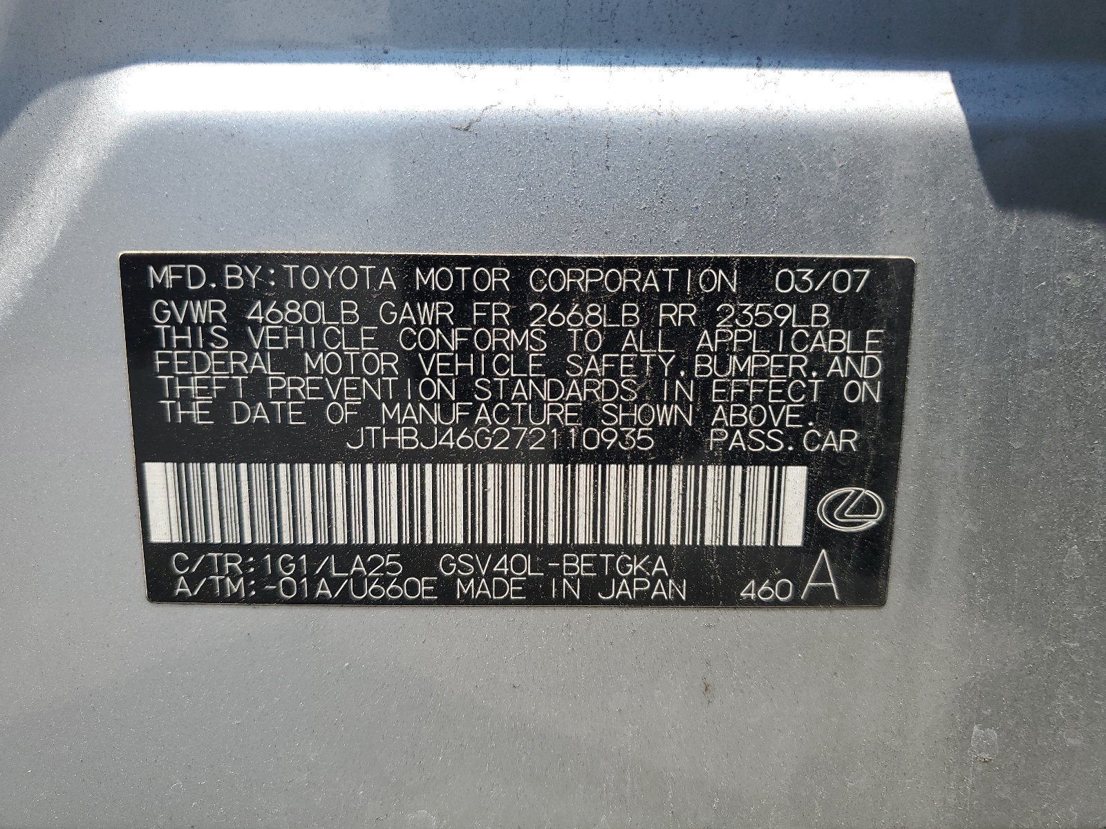 JTHBJ46G272110935 2007 Lexus Es 350