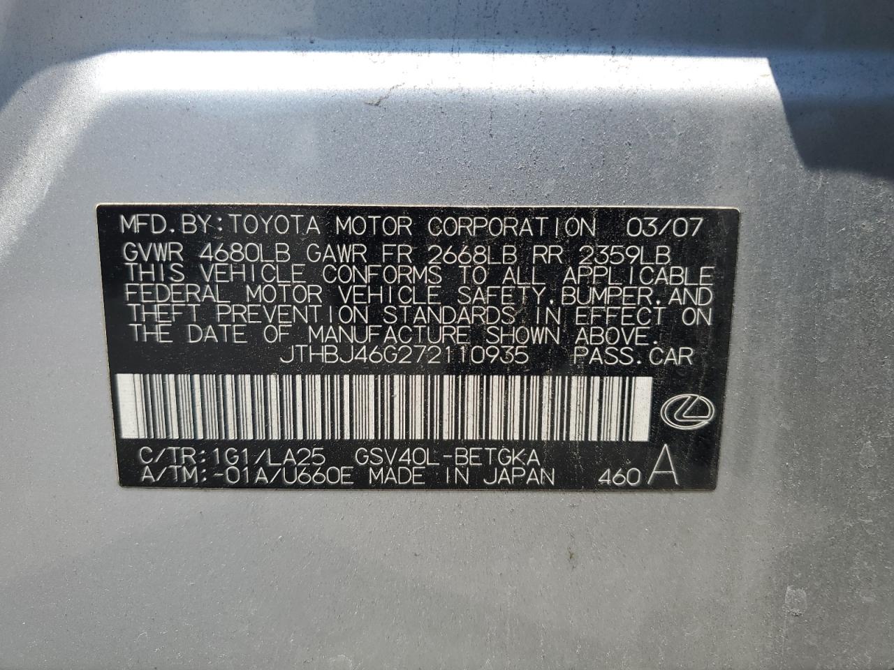 2007 Lexus Es 350 VIN: JTHBJ46G272110935 Lot: 64437914