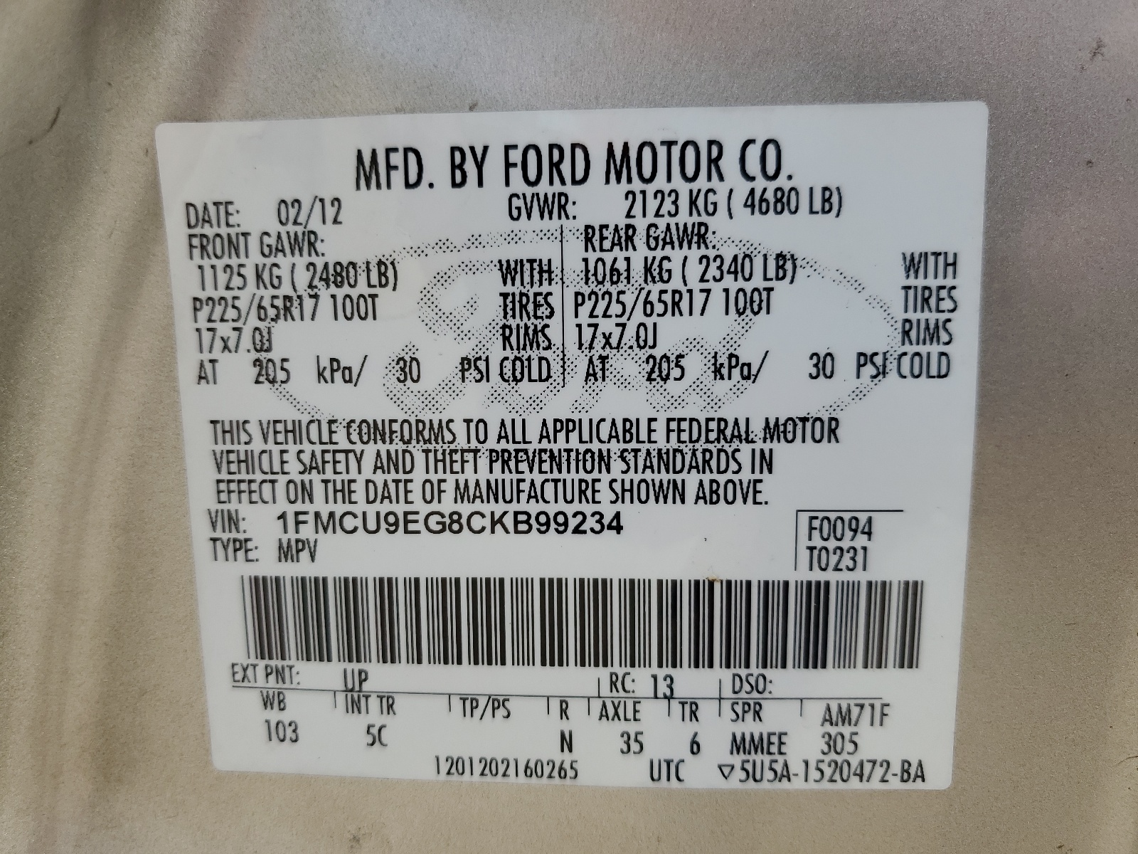 1FMCU9EG8CKB99234 2012 Ford Escape Limited