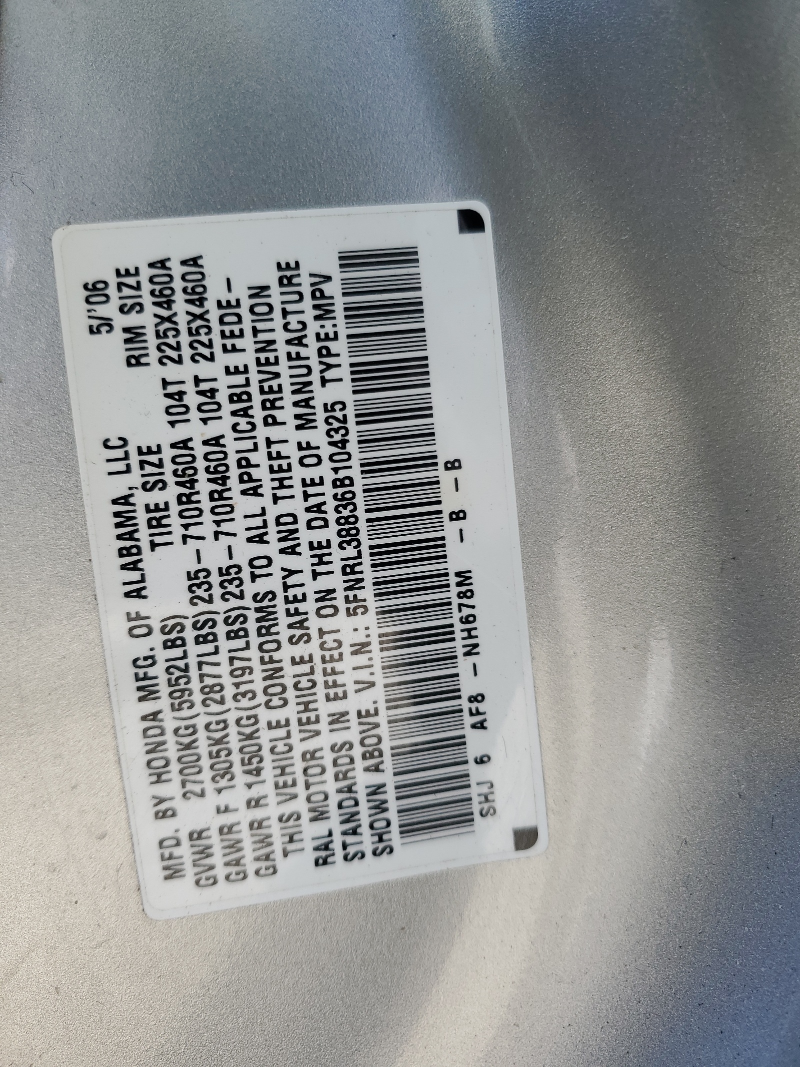 5FNRL38836B104325 2006 Honda Odyssey Touring