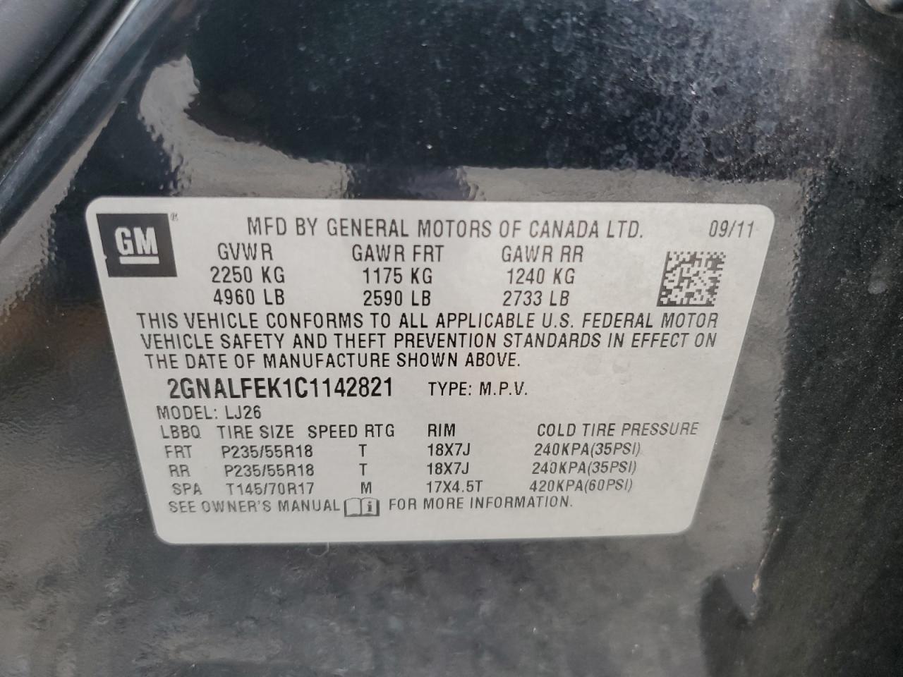 2012 Chevrolet Equinox Ltz VIN: 2GNALFEK1C1142821 Lot: 61510714