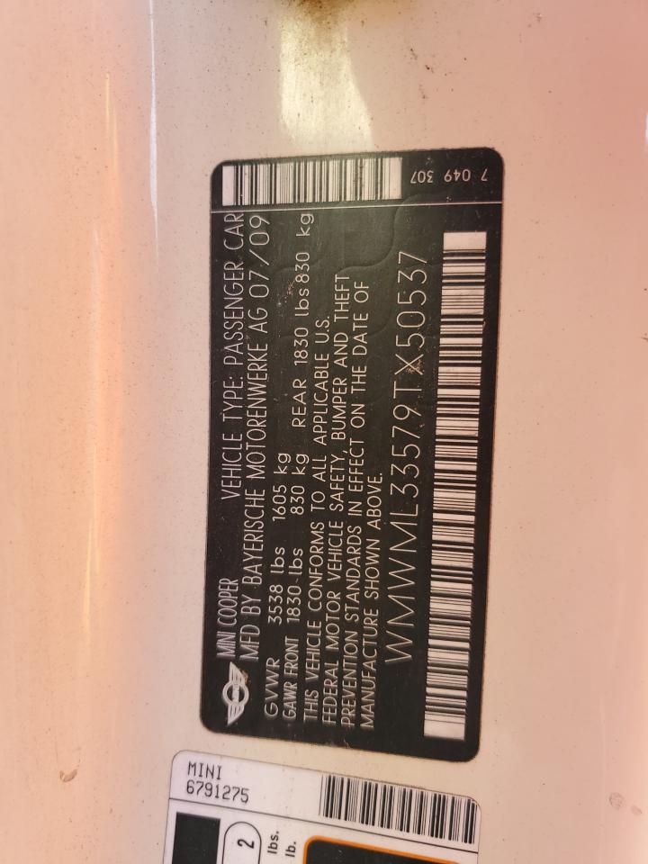 2009 Mini Cooper Clubman VIN: WMWML33579TX50537 Lot: 62797194