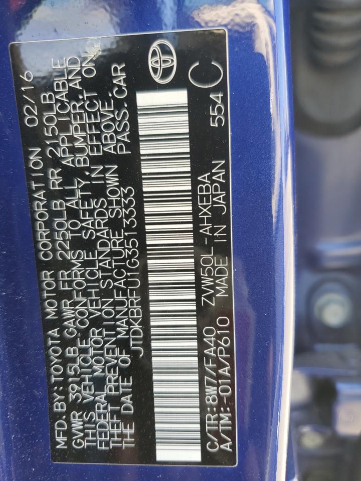 2016 Toyota Prius VIN: JTDKBRFU1G3513333 Lot: 61164264
