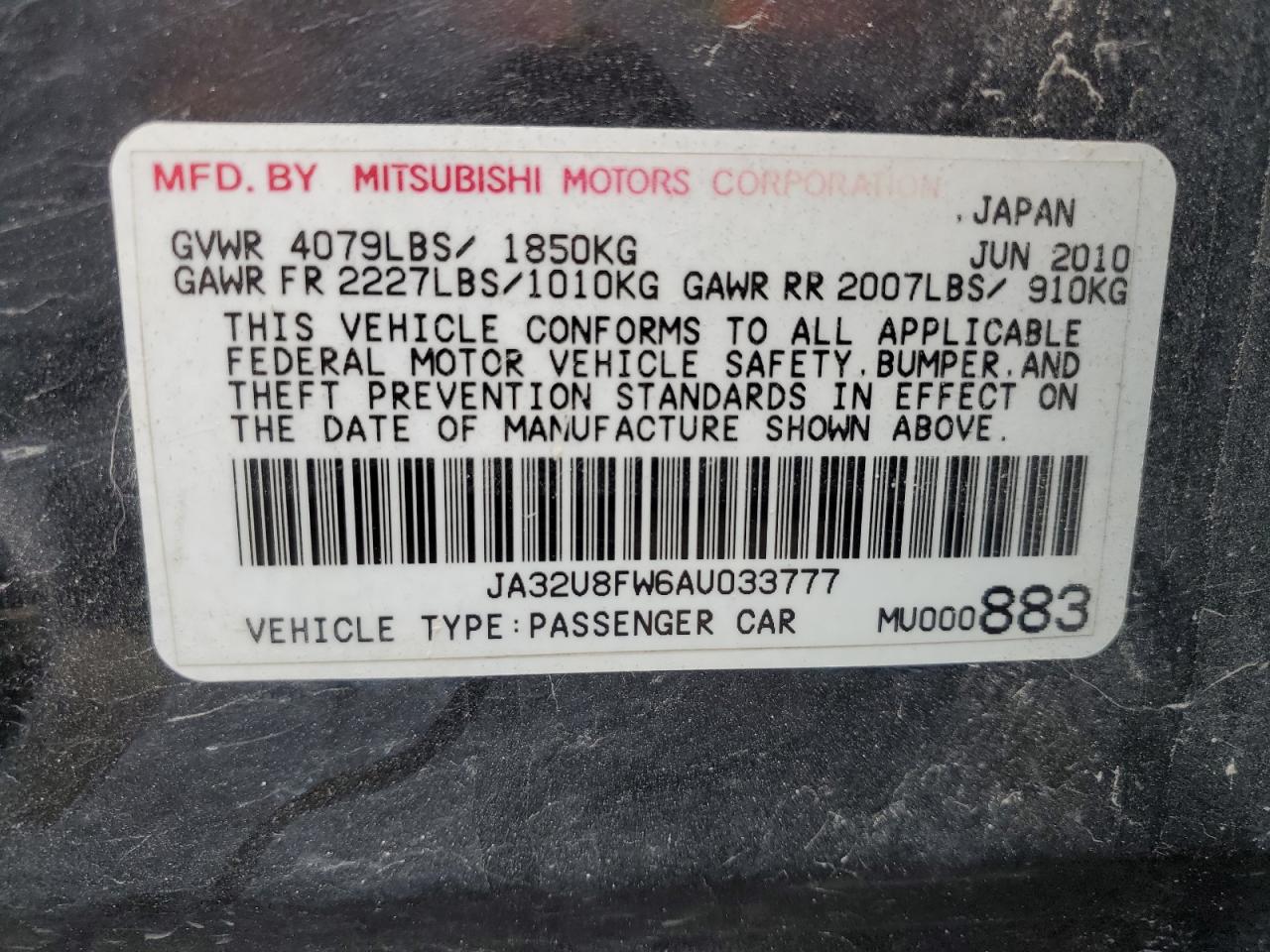 2010 Mitsubishi Lancer Gts VIN: JA32U8FW6AU033777 Lot: 63882174