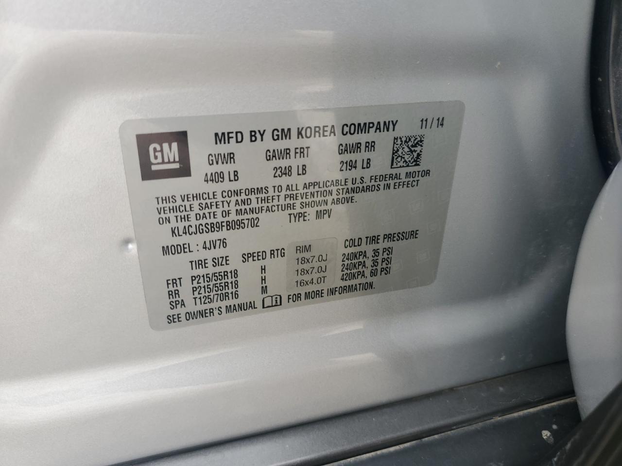 2015 BUICK ENCORE with SIDE damage, VIN KL4CJGSB9FB095702