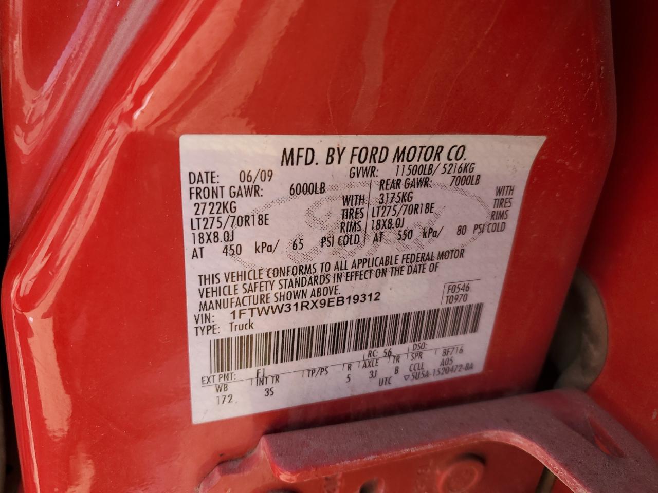 2009 Ford F350 Super Duty VIN: 1FTWW31RX9EB19312 Lot: 62943614