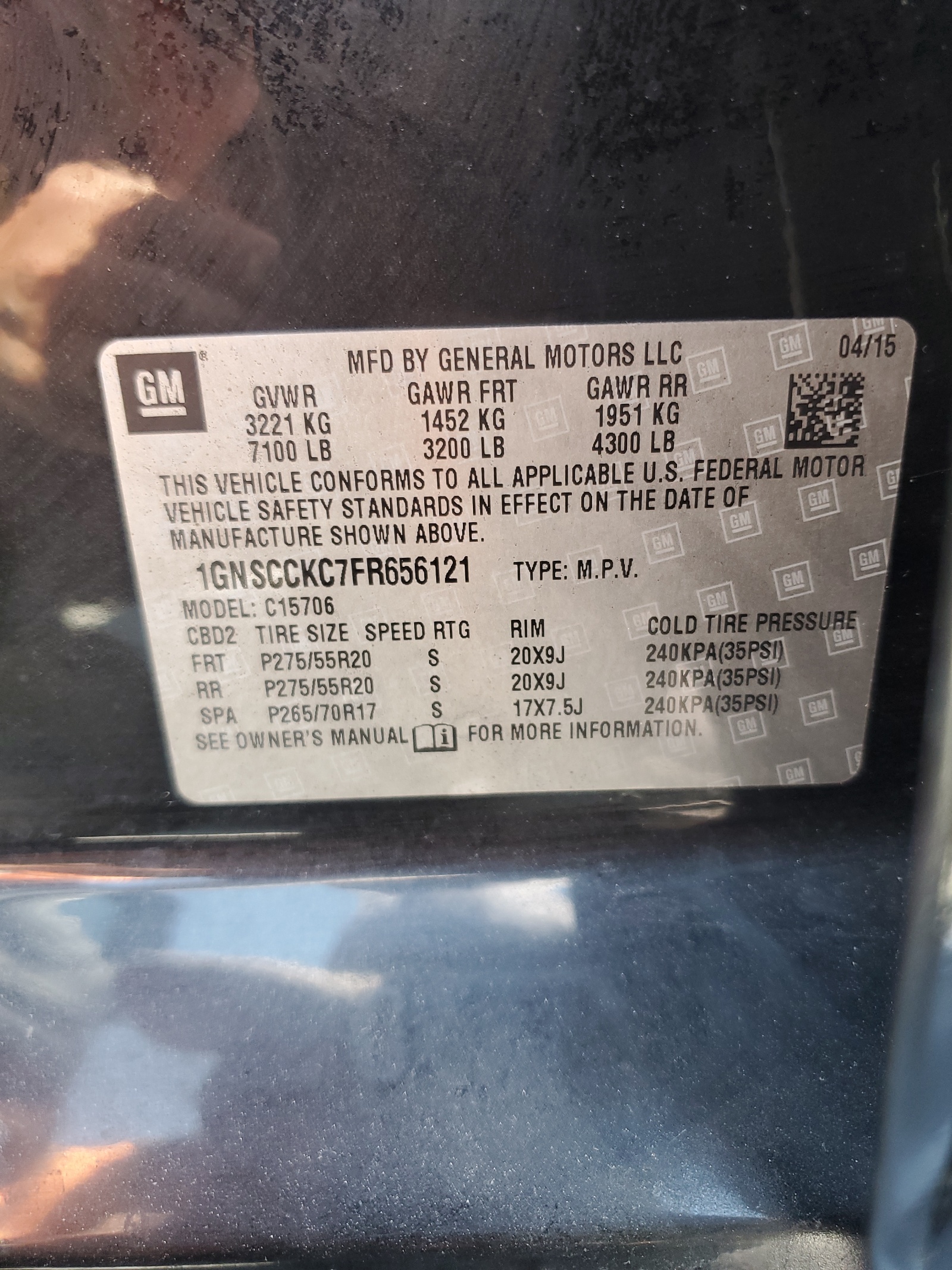 1GNSCCKC7FR656121 2015 Chevrolet Tahoe C1500 Ltz