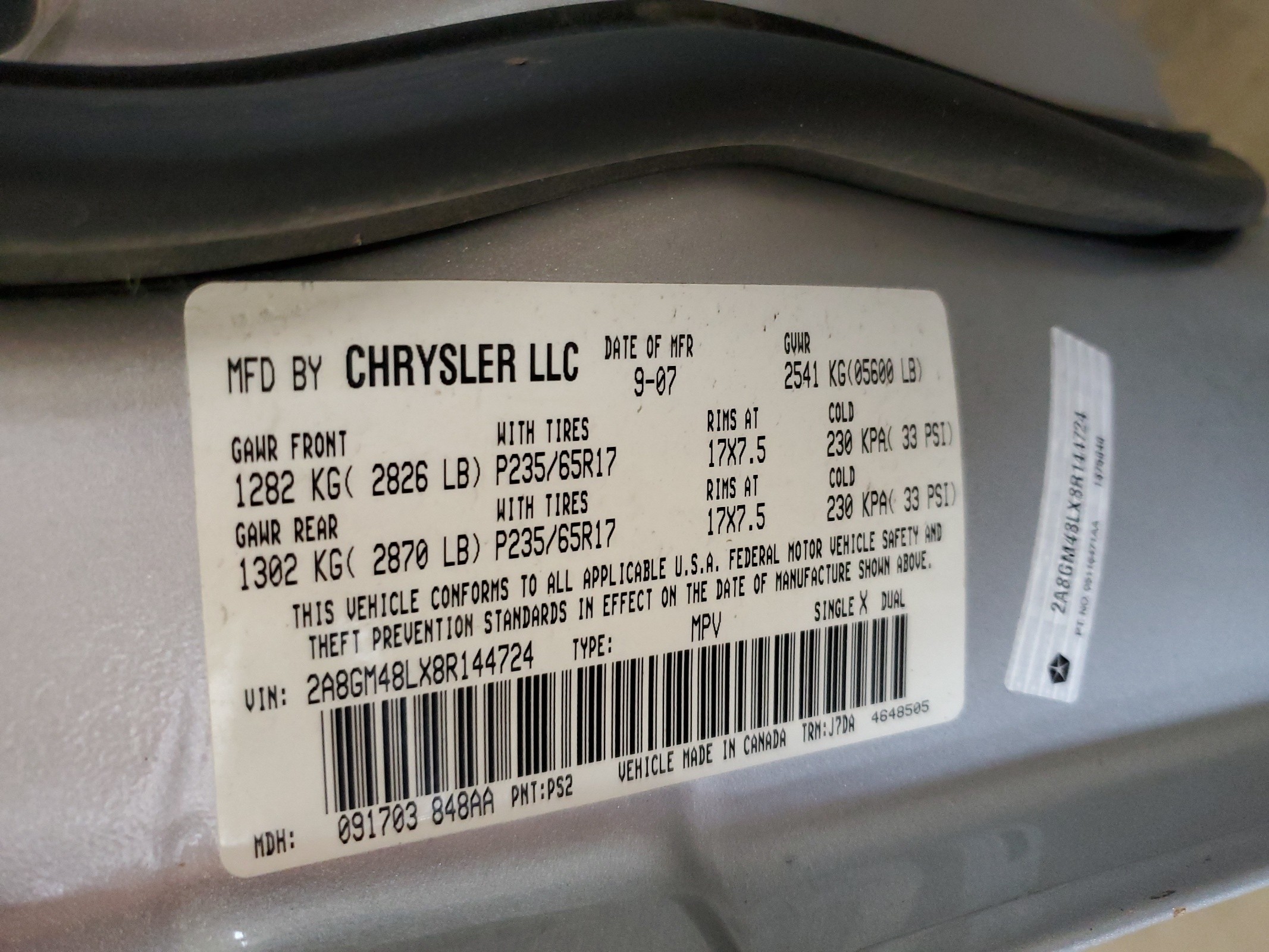 2A8GM48LX8R144724 2008 Chrysler Pacifica Lx