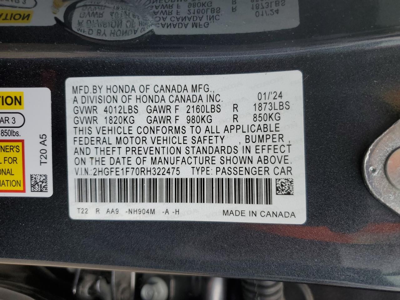 2HGFE1F70RH322475 2024 Honda Civic Ex