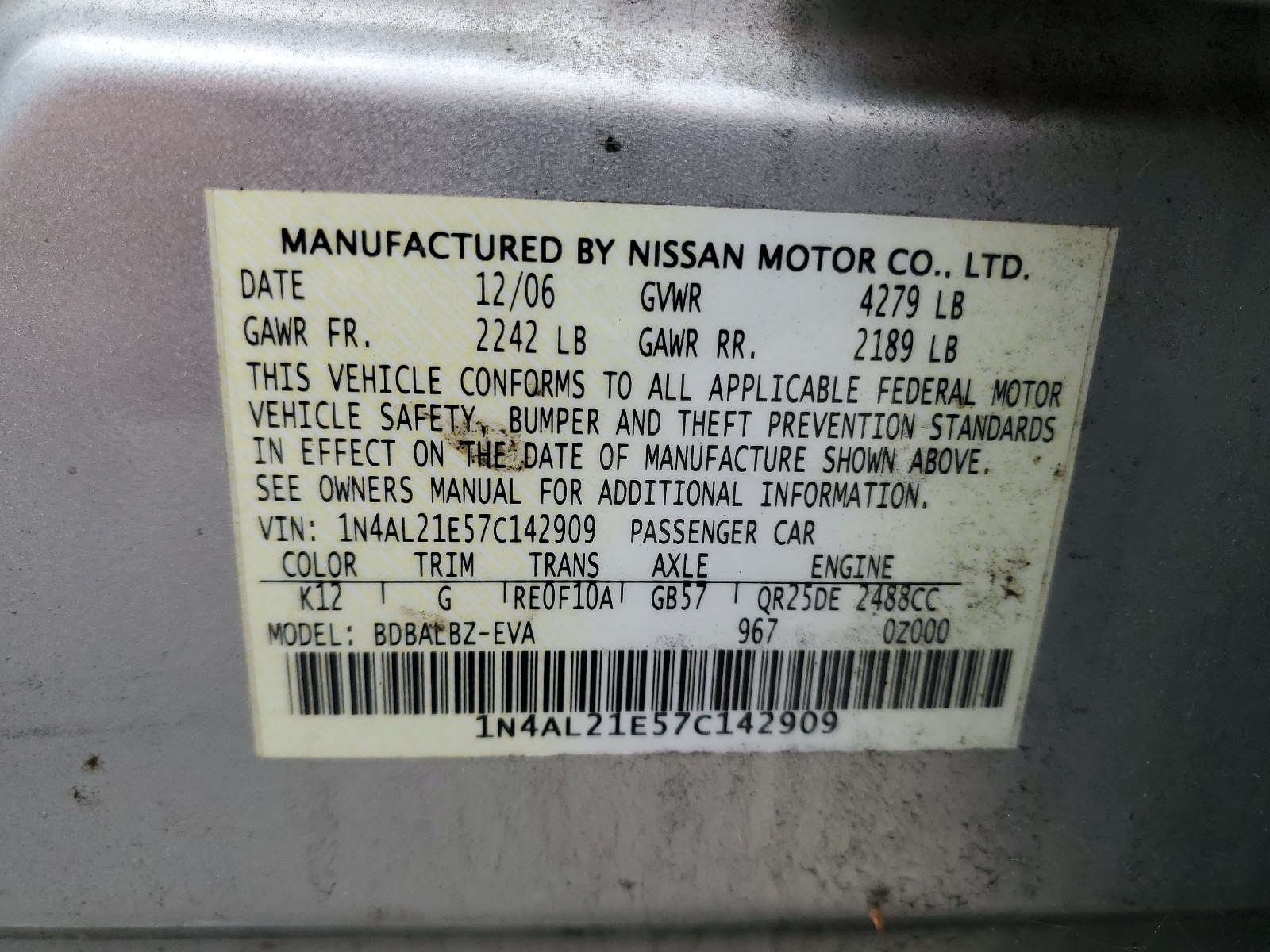 1N4AL21E57C142909 2007 Nissan Altima 2.5