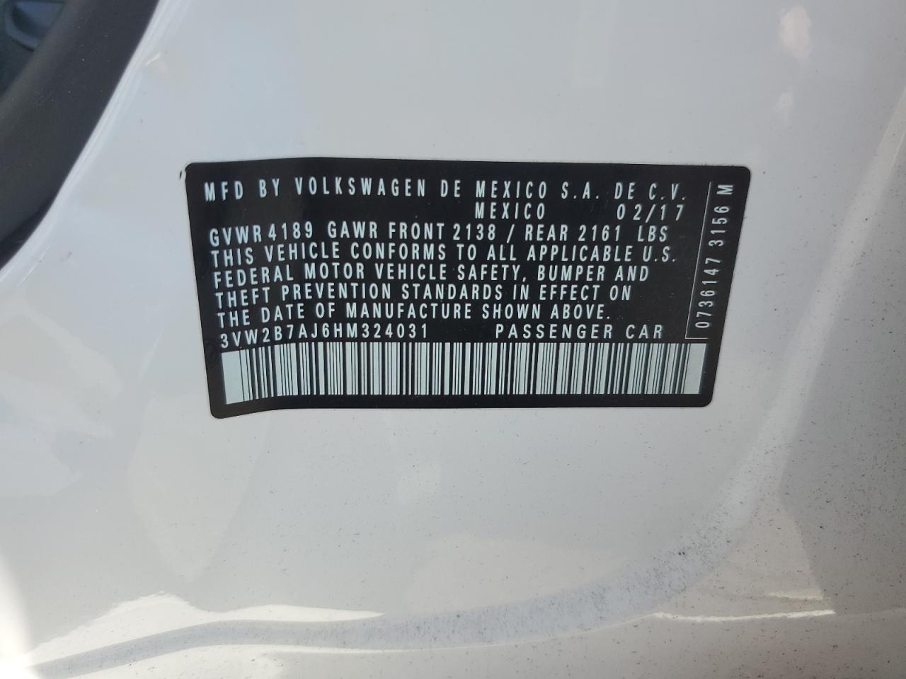 2017 Volkswagen Jetta S VIN: 3VW2B7AJ6HM324031 Lot: 65376014