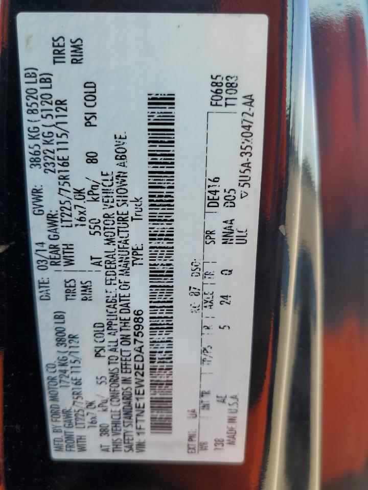 2014 Ford Econoline E150 Van VIN: 1FTNE1EW2EDA75986 Lot: 63009544