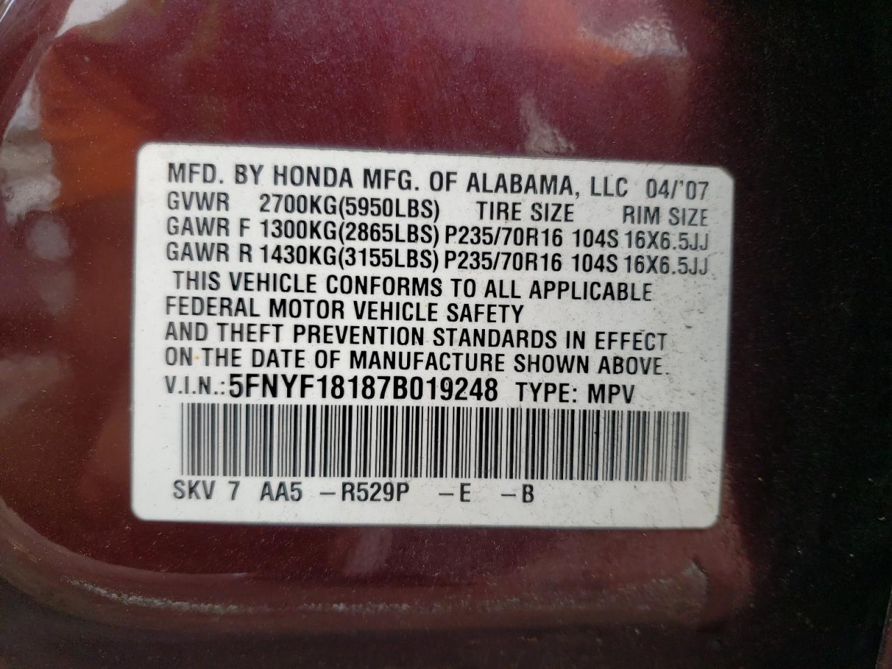 2007 Honda Pilot Lx VIN: 5FNYF18187B019248 Lot: 63439544